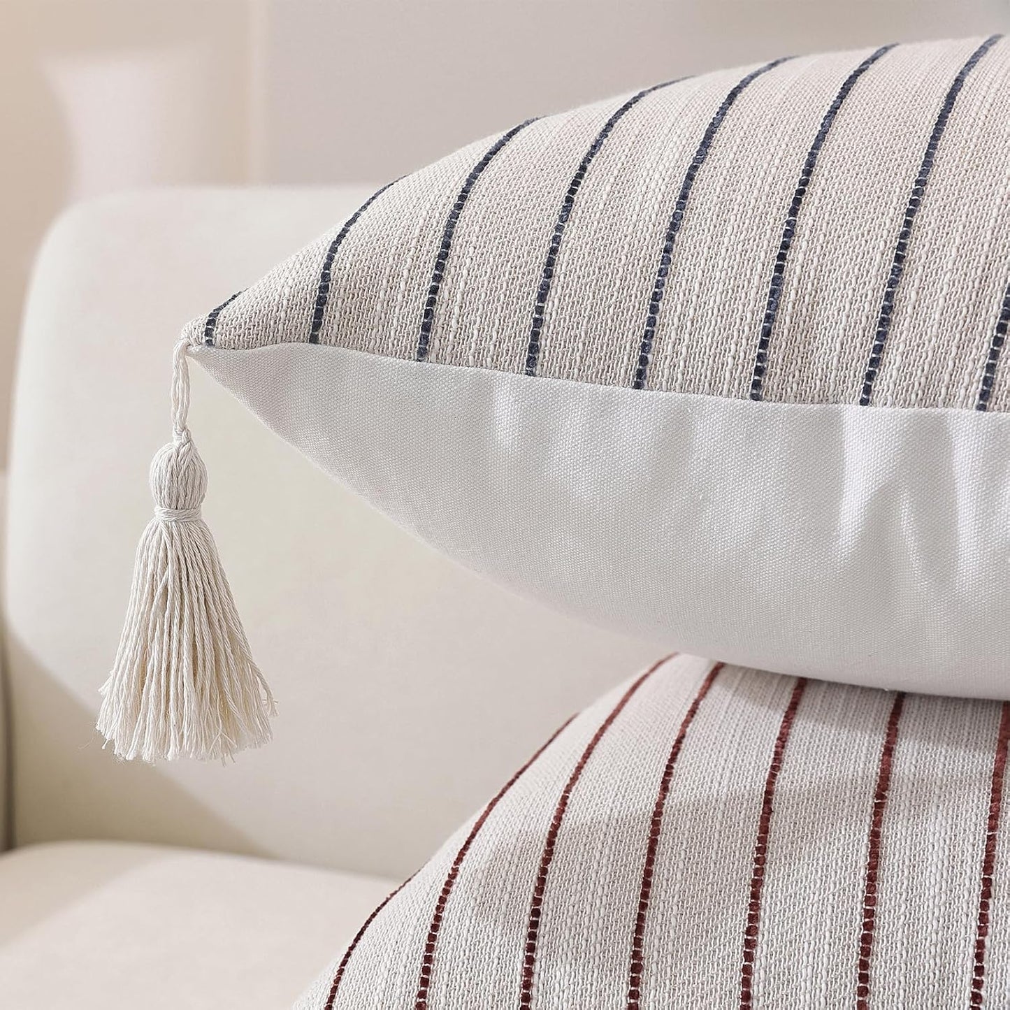 Decorative Boho Throw Pillow Covers / Coffee Brown Striped Paneled / 18 x 18 / Set of 2