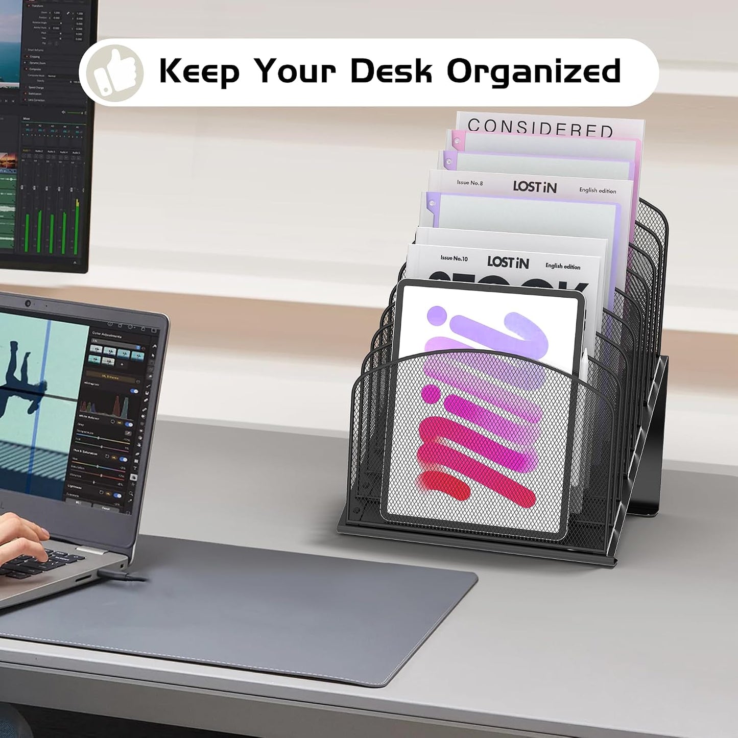 Sinboun Inclined Desk File Organizer Folder Holder with 8-Section, Black | 8-Section Vertical Compartment, Sturdy Metal