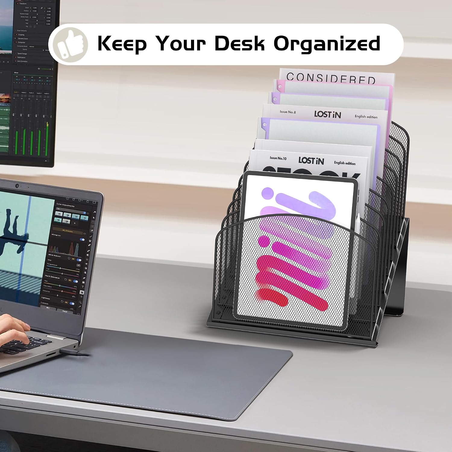 Sinboun Inclined Desk File Organizer Folder Holder with 8-Section, Black | 8-Section Vertical Compartment, Sturdy Metal