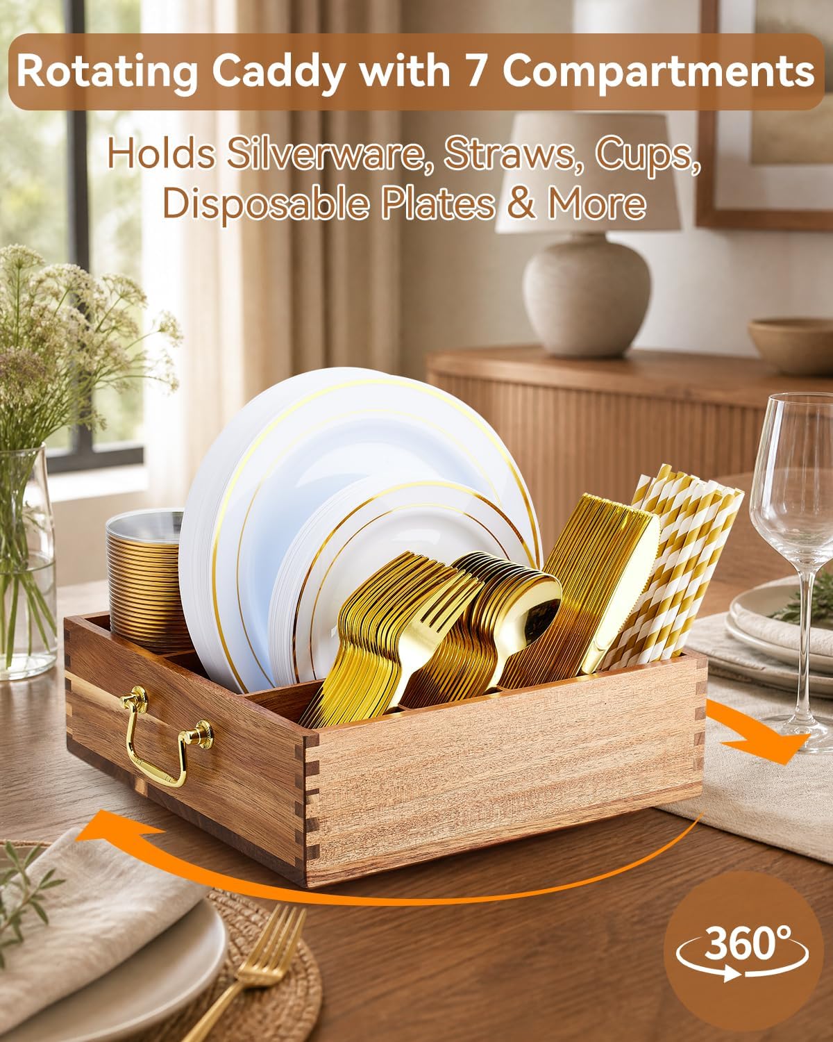 Rotating Acacia Wood Utensil Caddy with Handles, 7 Compartments for Paper Plates, Silverware and Straws, Perfect for