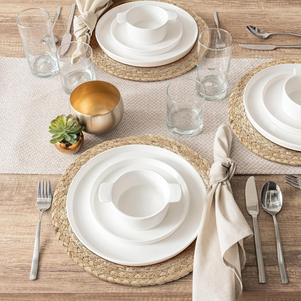 ADRIMER 12 Pcs Placemats, 6 Pcs Natural Cotton Burlap Place Mats and 6 Pcs Rattan Wicker Braided Table Mats, Farmhouse
