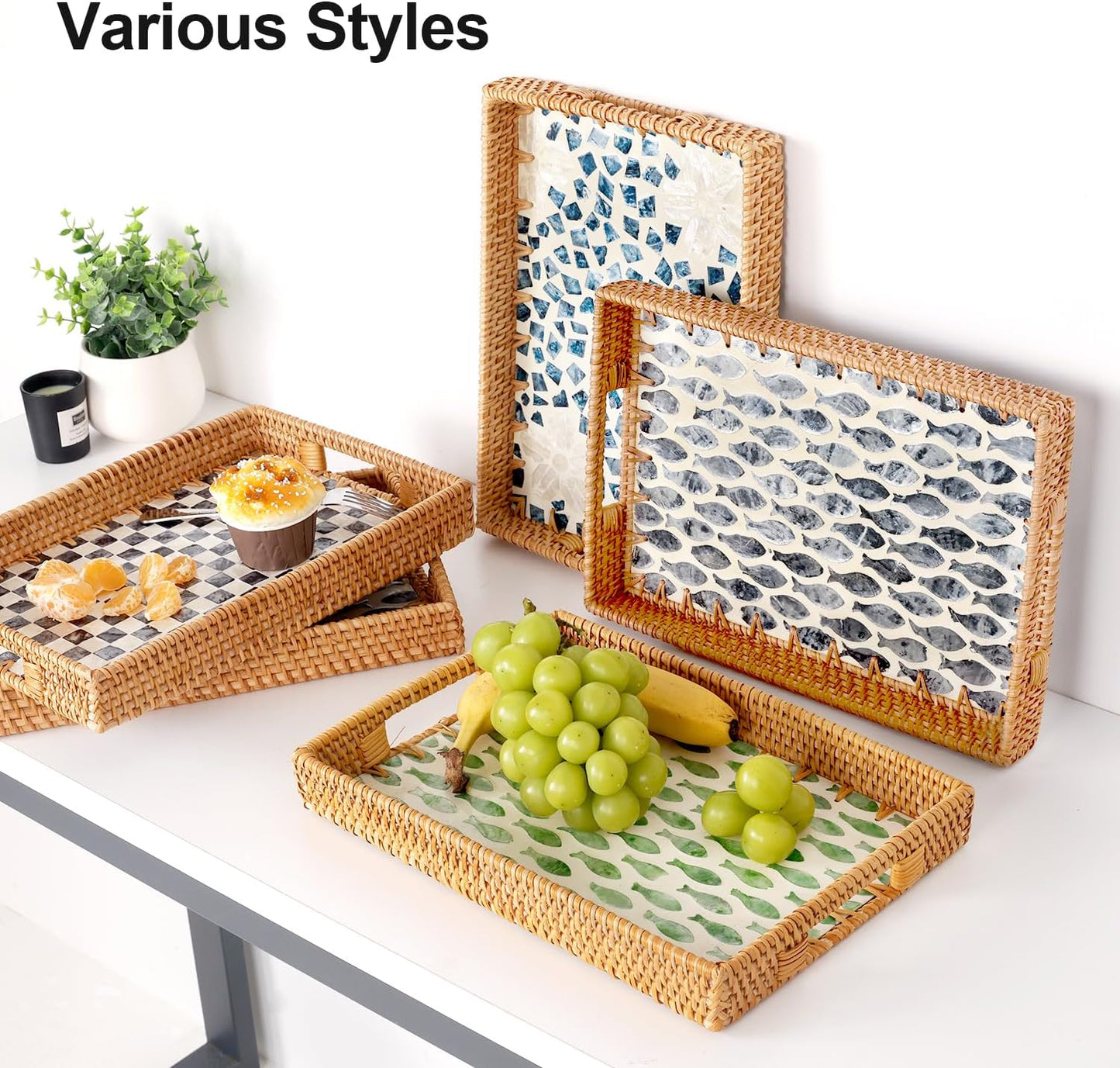 Rattan Serving Tray / Green Fish