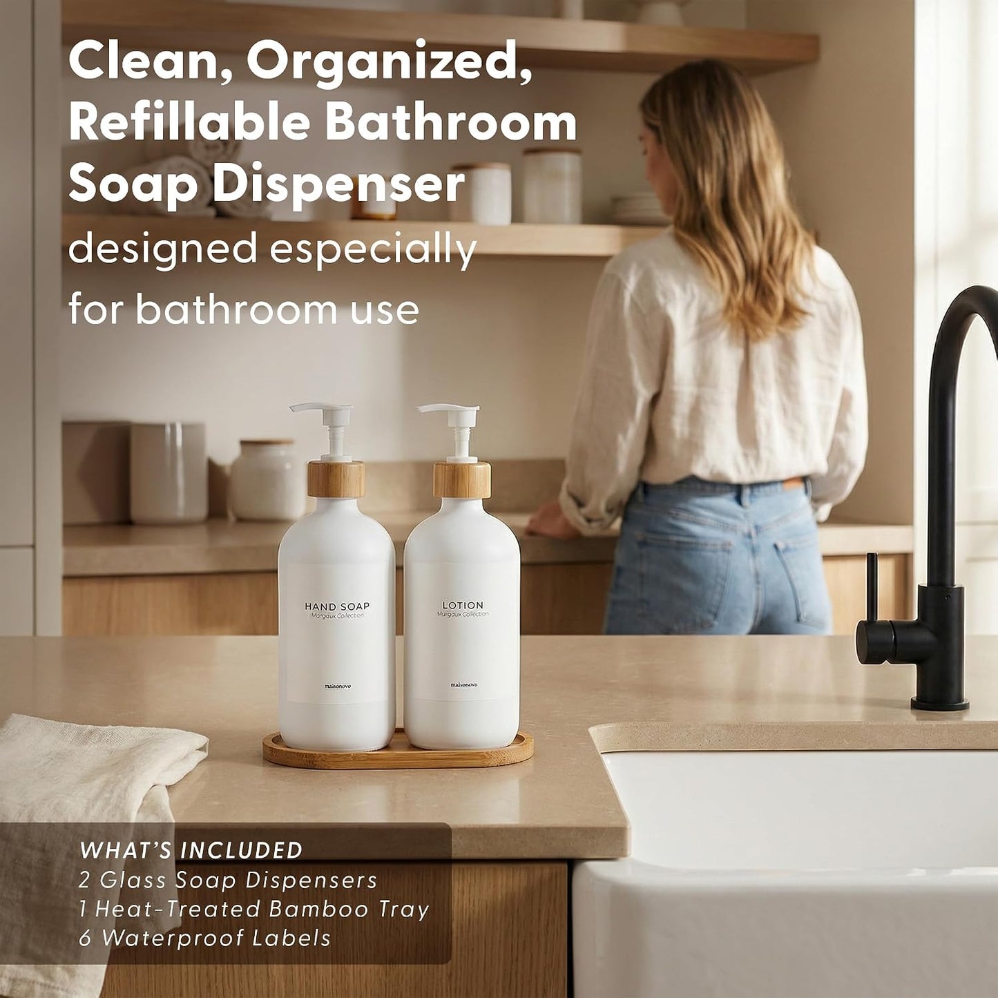 Maisonovo Soap Dispenser Set - White Soap Dispenser White Bamboo Pumps | Glass bottles for body wash, lotion, shampoo