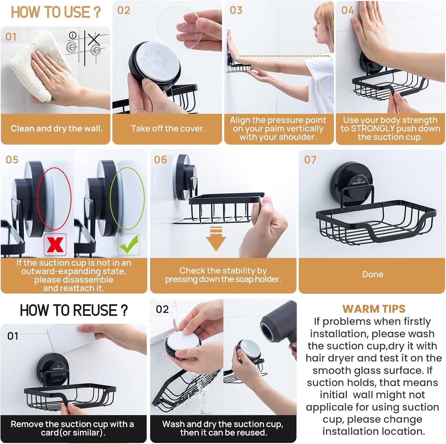 Soap Bar Holder for Shower Suction Cup Wall Mounted / Black / 5.7" * 4.8