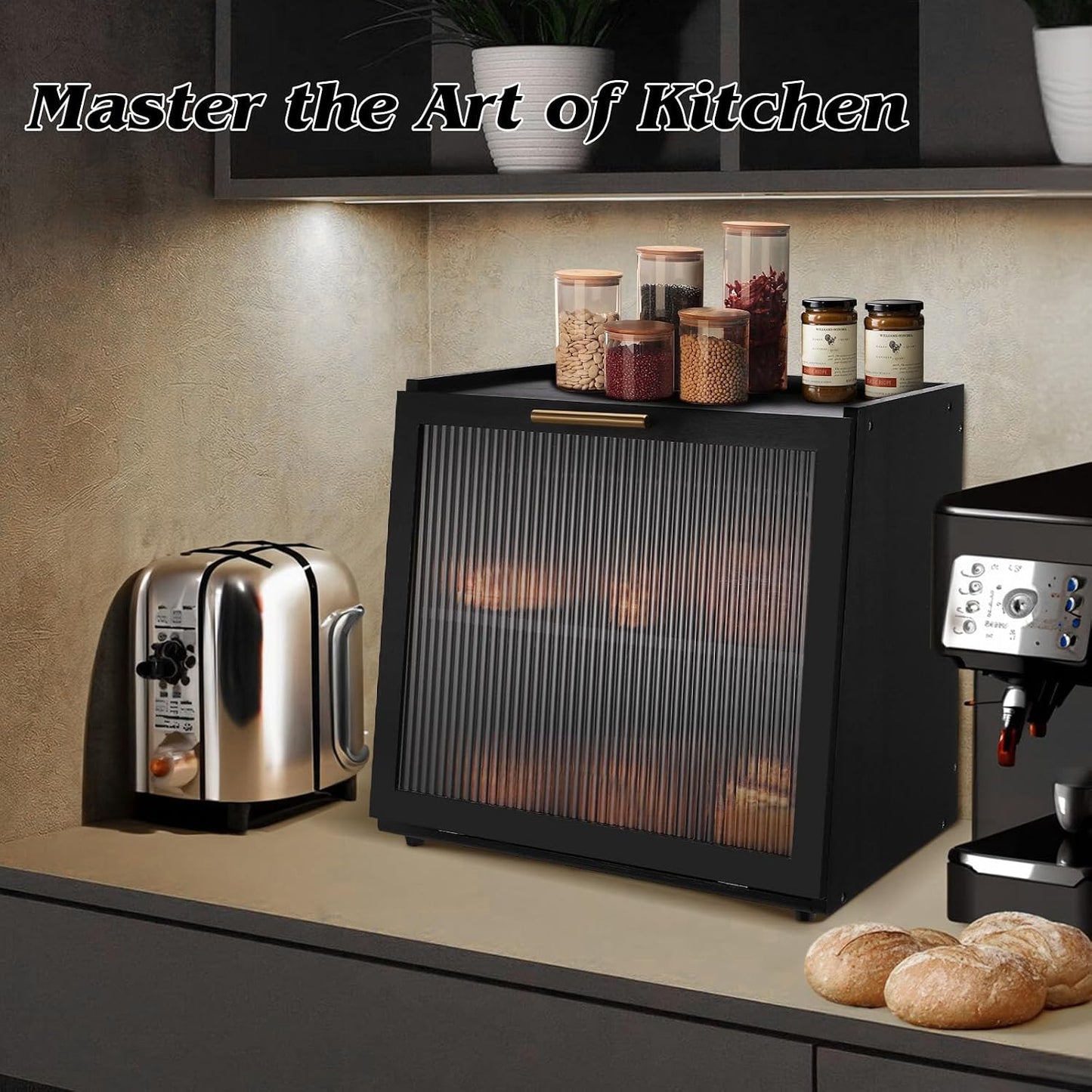 Joyvilla Double Layer Bamboo Bread Box for Kitchen Countertop, Bread Storage Container, Black Bread Box with Window