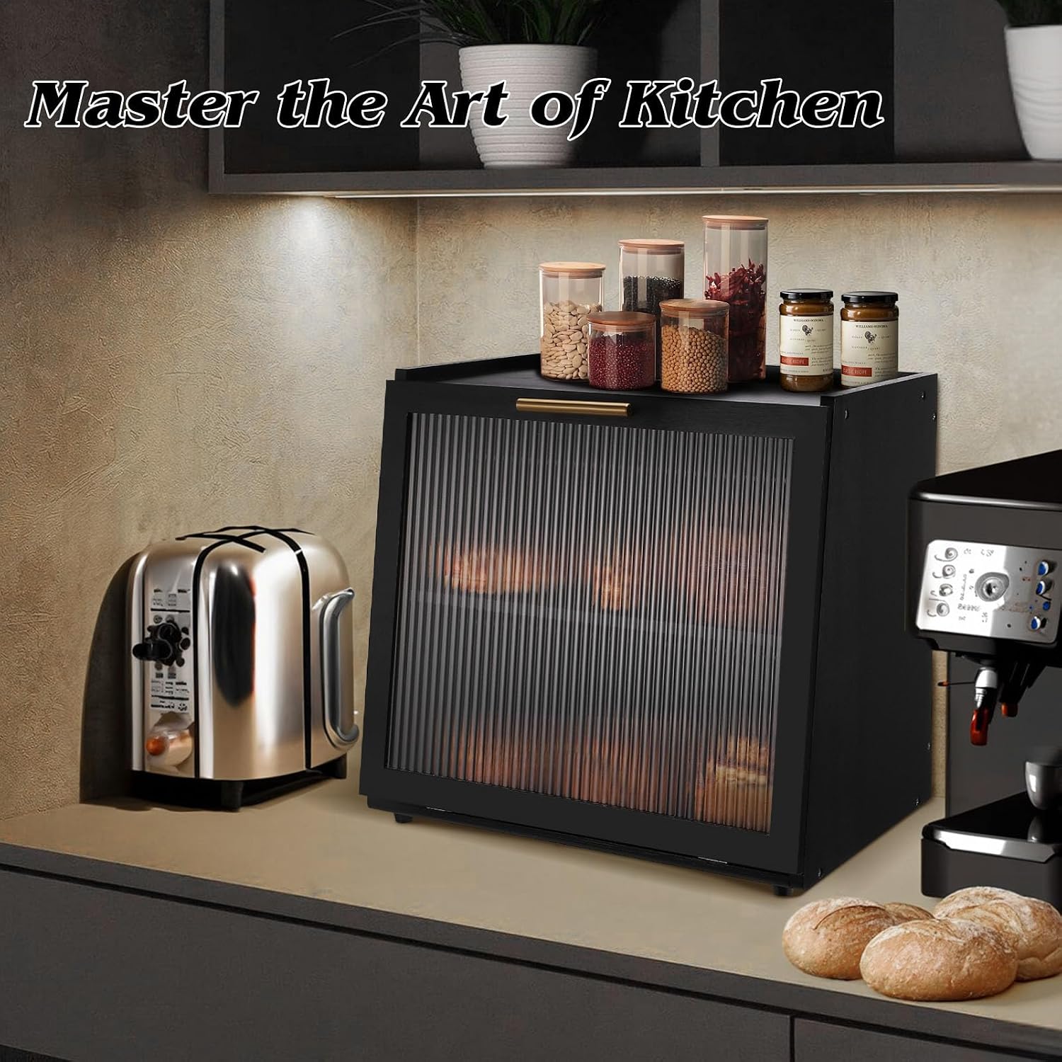 Joyvilla Double Layer Bamboo Bread Box for Kitchen Countertop, Bread Storage Container, Black Bread Box with Window