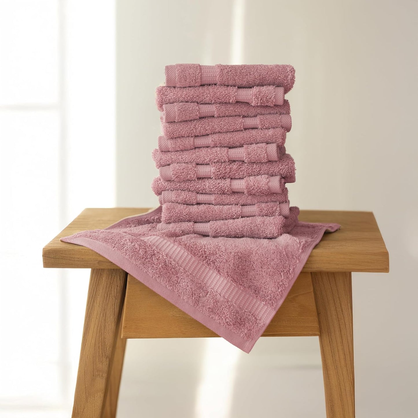 SALBAKOS 12-Piece 100% Turkish Cotton Washcloths and Face Towels, Rose | 13x13 in Standard Size Small Towel, Multi-use