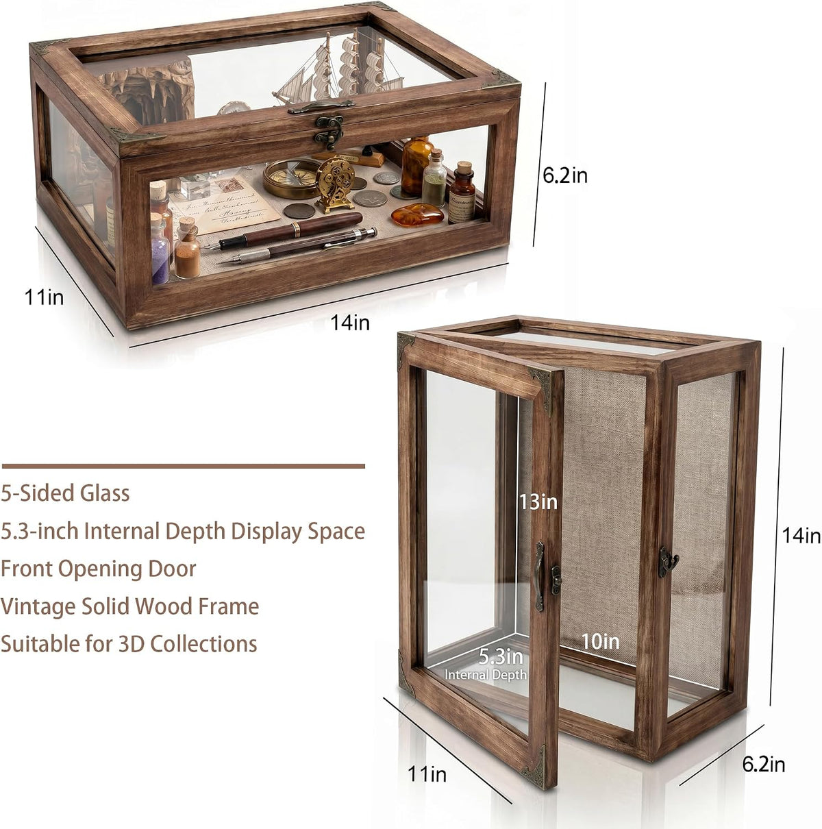 Glass Shadow Box Display Case 11x14, 6.2" Deep 5-Sided Glass Memory Box with Linen Backboard, Solid Wood Shadow Box