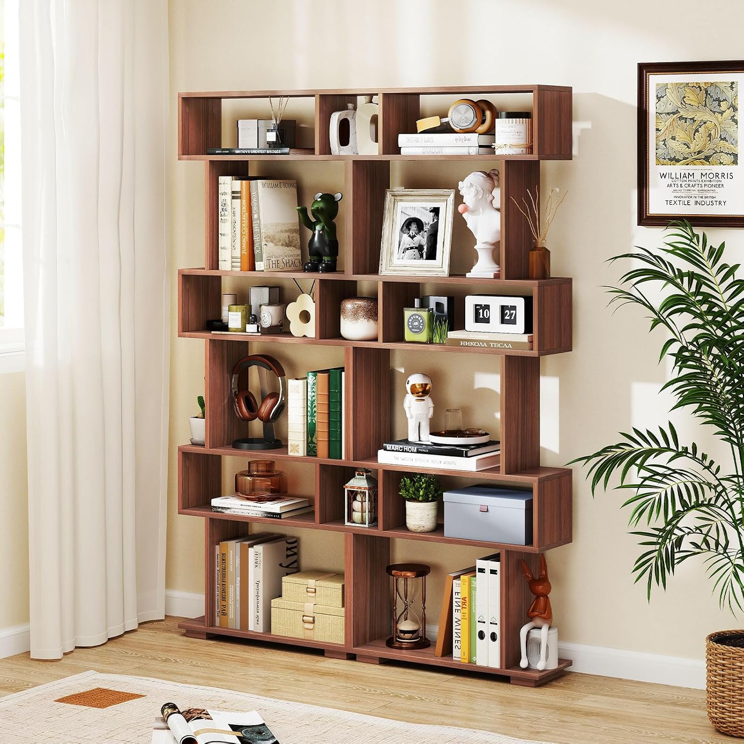 Giantex 6-Tier Geometric Bookshelf, S-Shaped Bookcase with 2 Anti-Tipping Kits, Wooden Display Shelf, Decorative