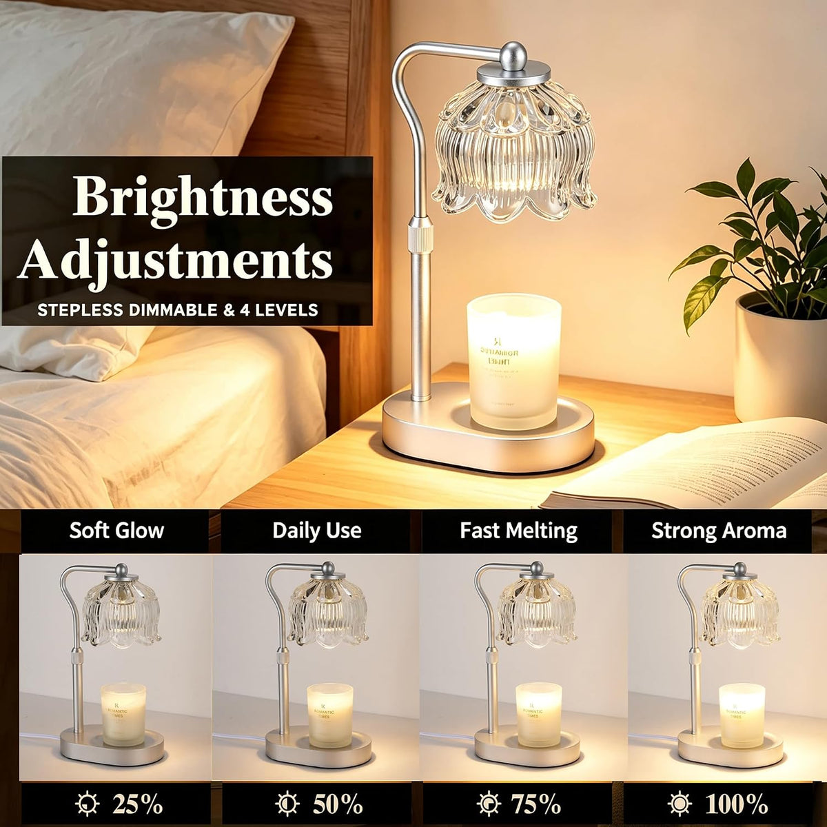 Flower Candle Warmer Lamp, Adjustable Height Electric Candle Lamp with Timer & Dimmer, Wooden Base Wax Warmer