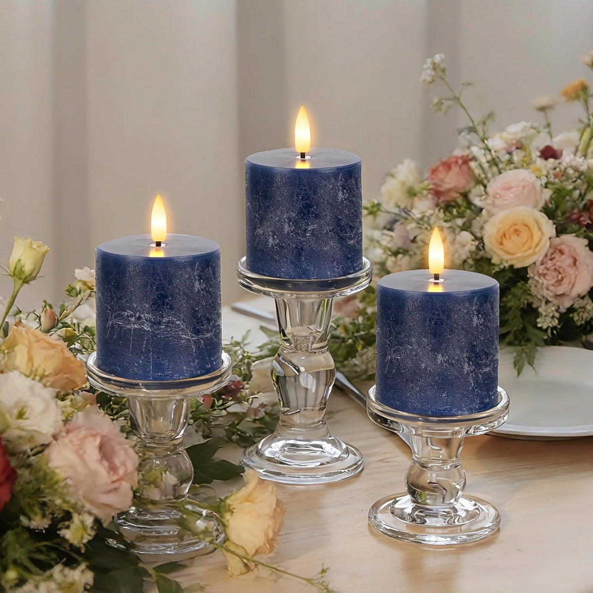 Navy Blue Flameless Candles with Remote and Timer, Fake Candles Set of 3 | 3 x 3 Inch Battery Operated Pillar Candles