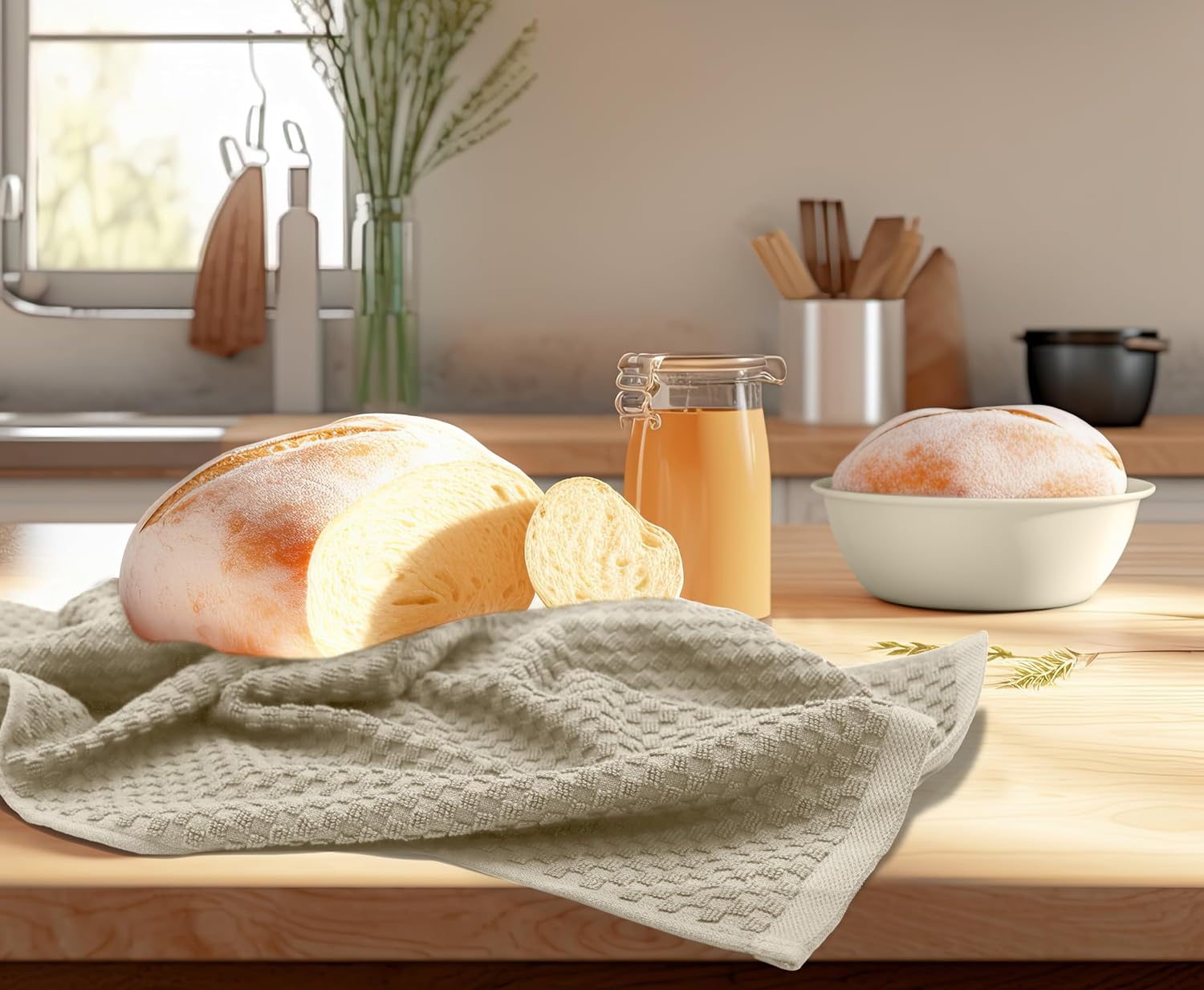COTTON CRAFT Amazing Kitchen Towels - 8 Pack 100% Cotton Waffle Terry Towel | Beige - 16x28 inch Euro Café Waffle Weave