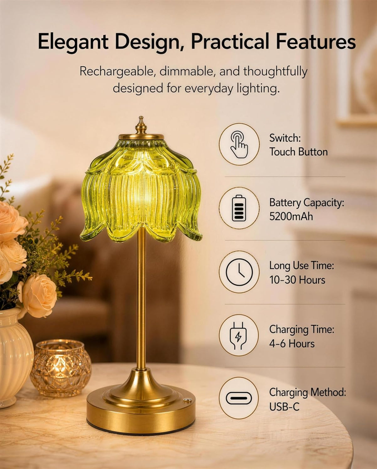 Lotus Flower Cordless Rechargeable Table Lamp, 3 Color Modes, Touch Control | 5200mAh Battery Powered Glass Table Lamp