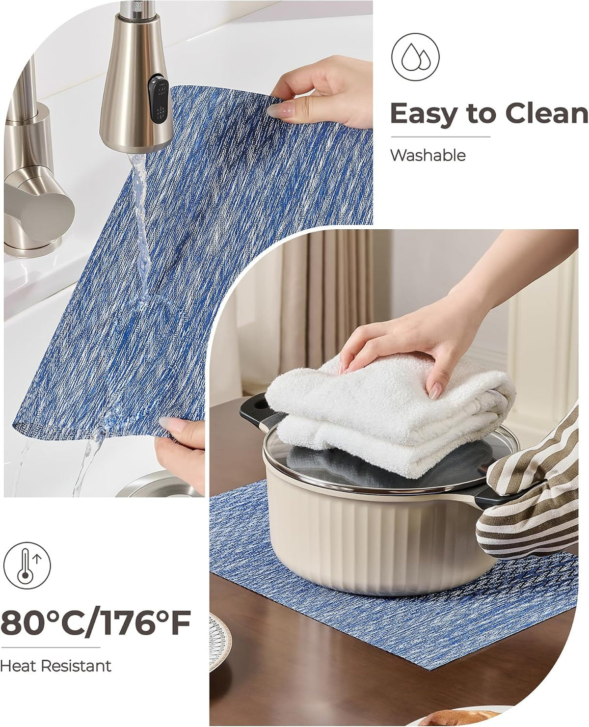Leetaltree Woven Vinyl Placemats Set of 12,Blue Zigzag | High Density，Stain Resistant, Easy to Clean, Washable Table