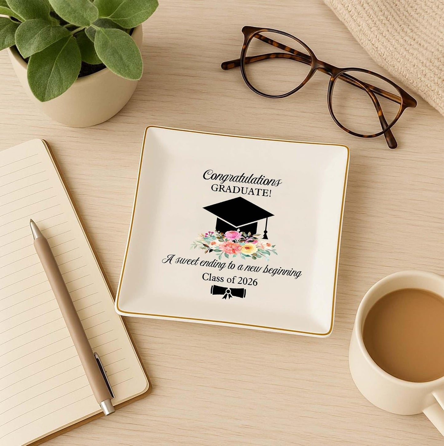 Cap & Flowers Graduate 4" Ceramic Jewelry Dish / Graduation