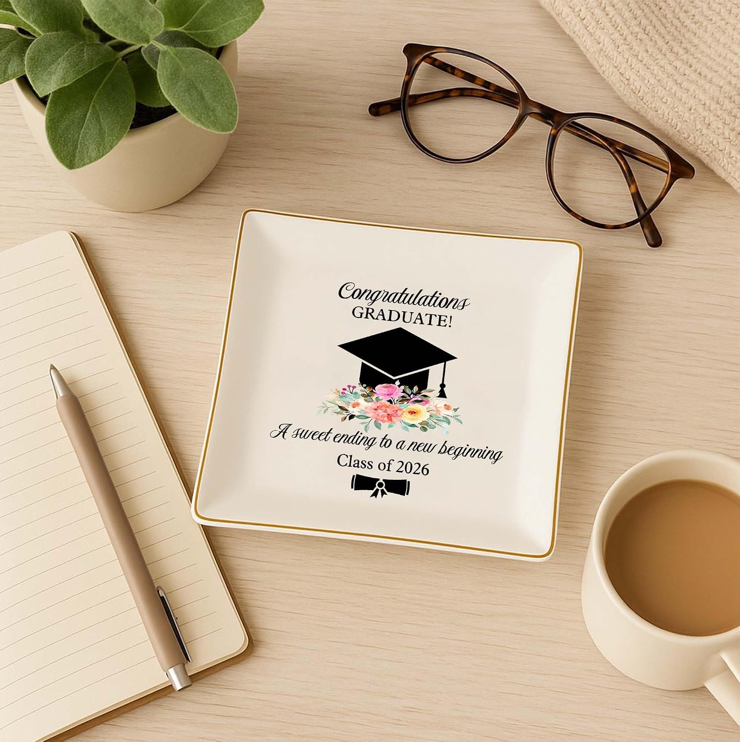 Cap & Flowers Graduate 4" Ceramic Jewelry Dish / Graduation