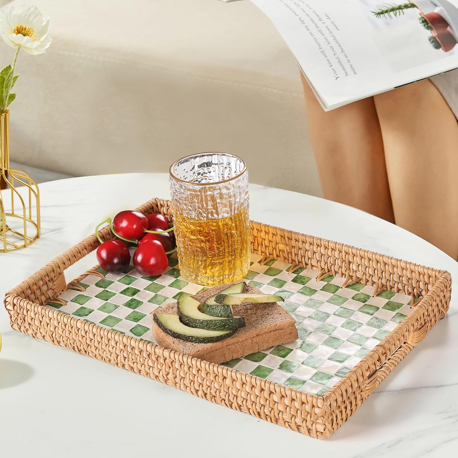 Rattan Serving Tray / Green Checkerboard