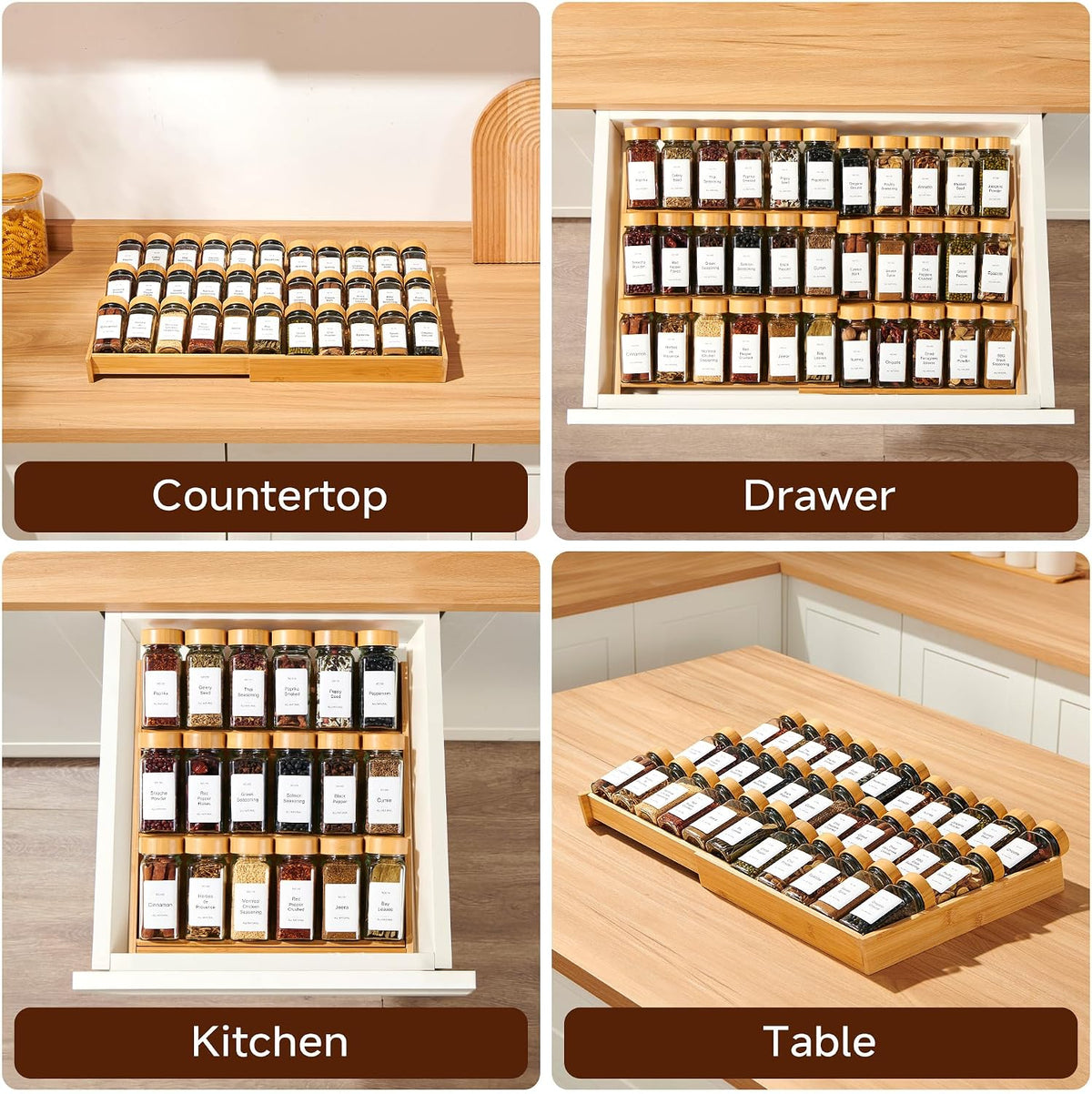 3-Tier Expandable Bamboo Spice Drawer Organizer, Adjustable Width 12" to 21", Kitchen Storage with 36 Glass Jars &
