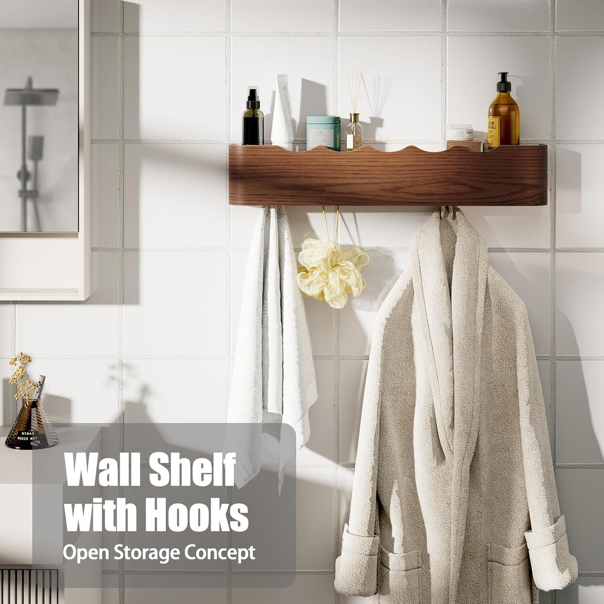 Coat Rack Wall Mount with Shelf 5 Hidden Hooks Modern Wooden Key Holder Entryway Organizer for Hallway Bedroom Bathroom