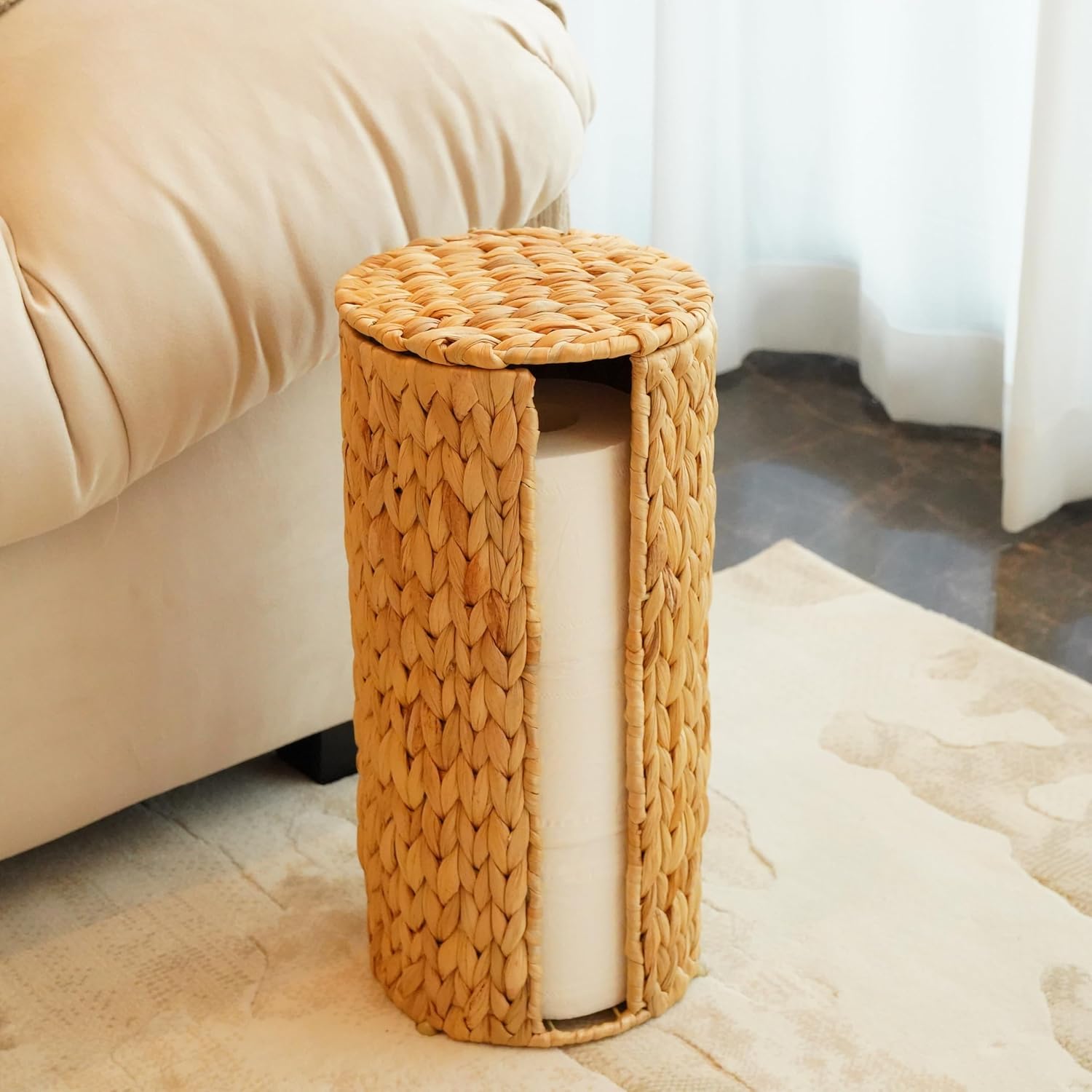 PINXIURY Water Hyacinth Paper Roll Holder, Wicker Toilet Paper Holder Stand for Bathroom, 3 Rolls of Toilet Paper