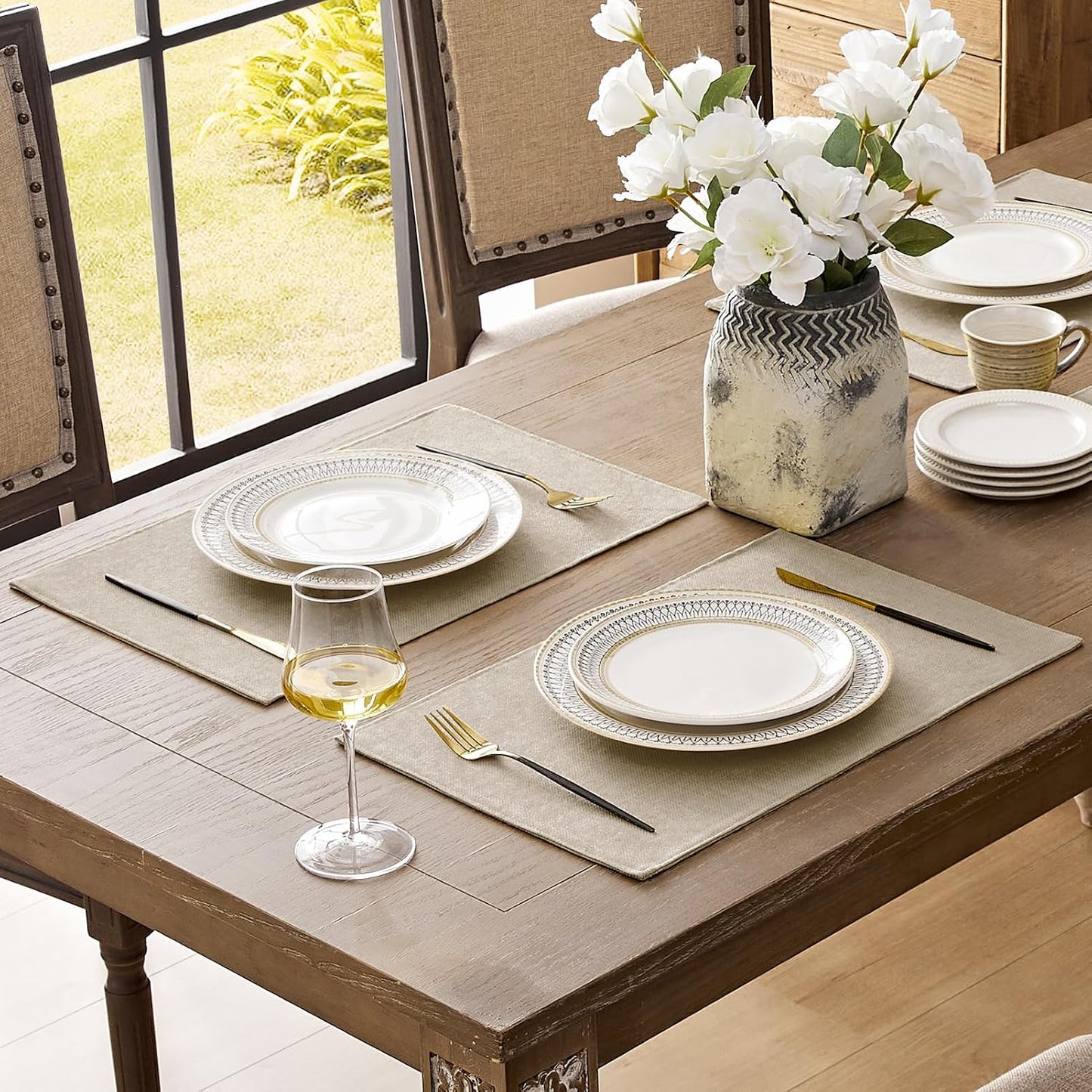 Romanstile Cloth Placemats Set of 8, Heat Resistant Double Layered Thickened Place Mats, Washable Faux Linen Farmhouse