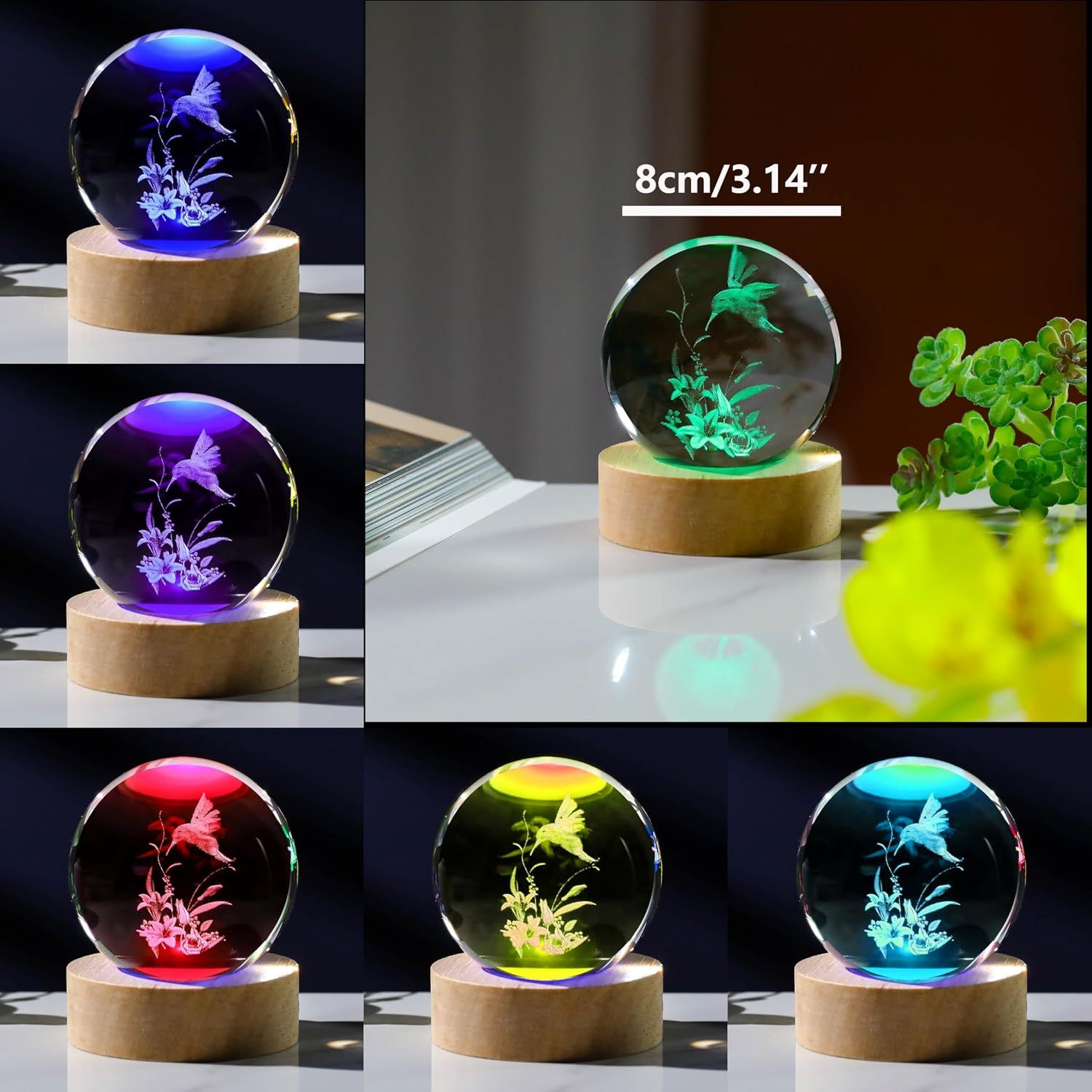3D Hummingbird Gifts for Women Crystals Ball 80mm- Hummingbird Figurines Decor / Hummingbird Lily