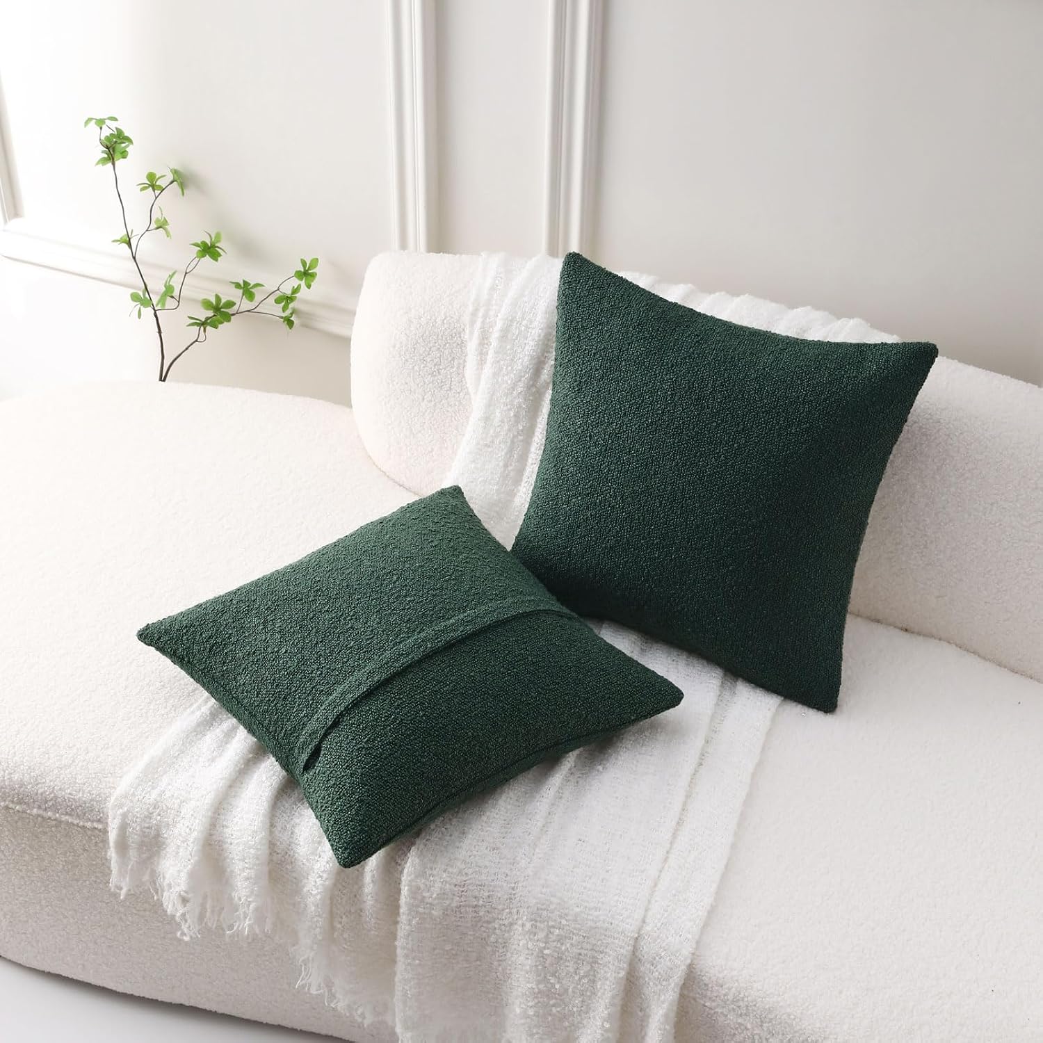 Dark Decorative Throw Pillow Covers Soft Solid Boucle Textured Cushion / Green / 18 x 18 / Set of 2