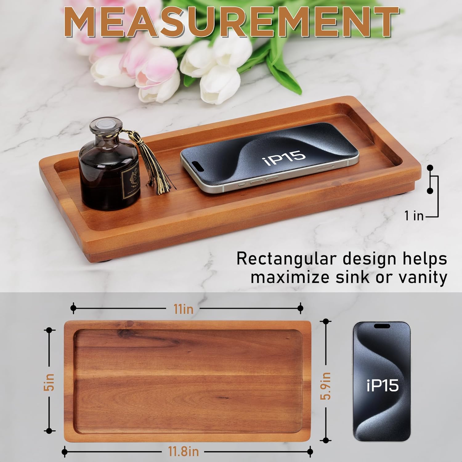 Bathroom Vanity Tray of Wood / Acacia / Natural / 11.8 x 5.9