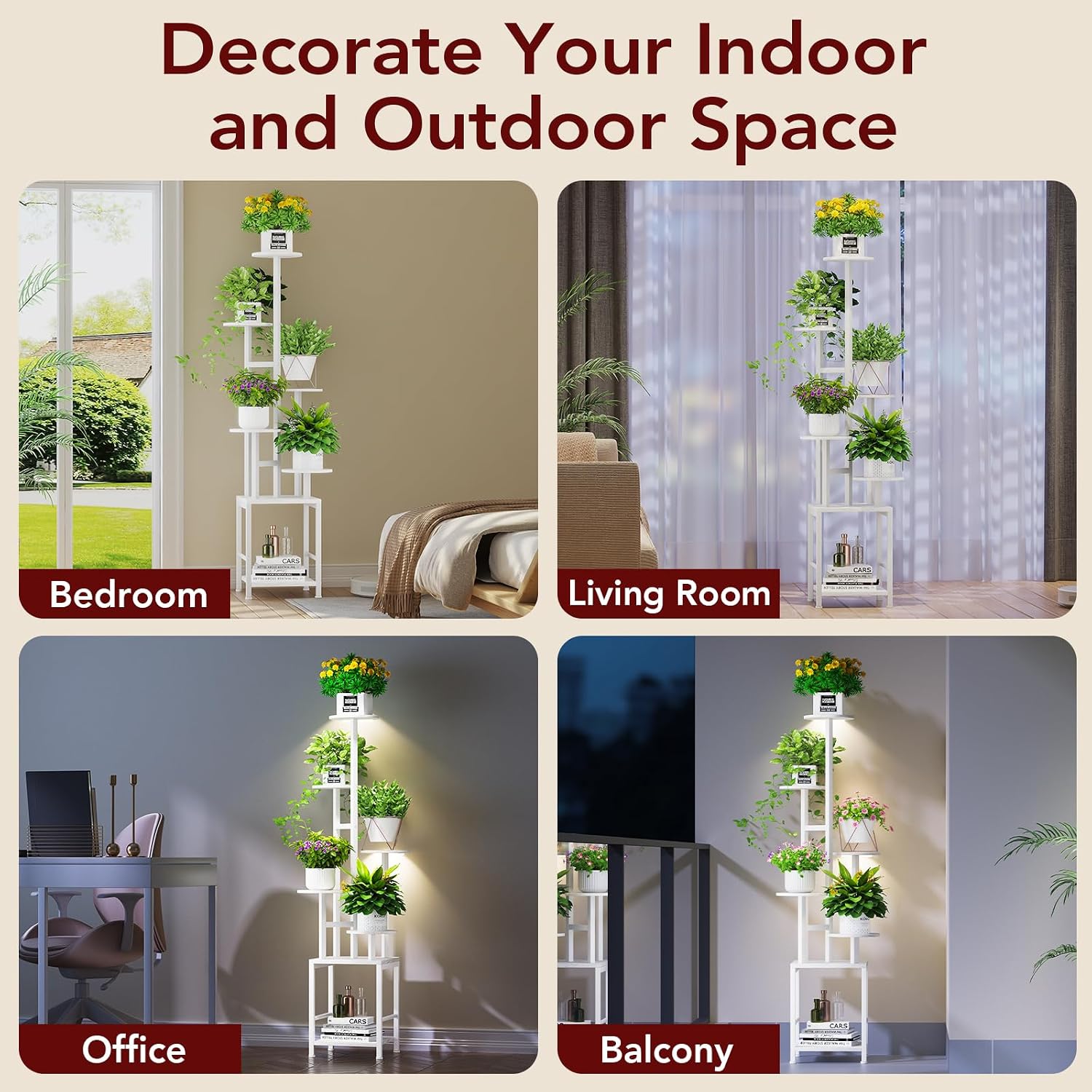 Plant Stand Indoor with Grow Light, 6-Tiered Tall Plant Stand Indoor, Metal Plant Shelf with Hanging Basket Hook and