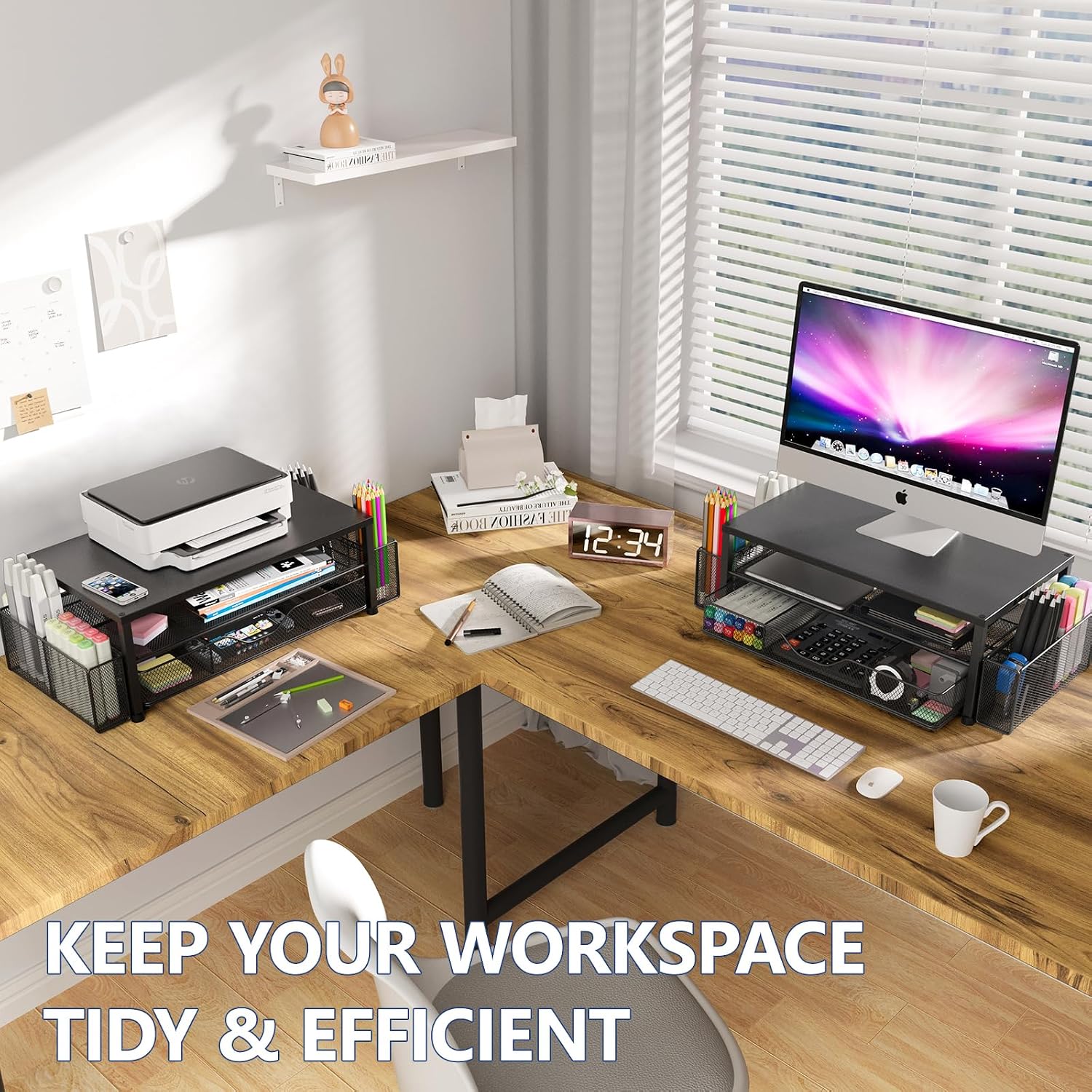 Desk Organizer and Accessories, 2-Tier Computer Monitor Stand Riser with Drawer and 2 Pen Holders, Laptop Stand, Office