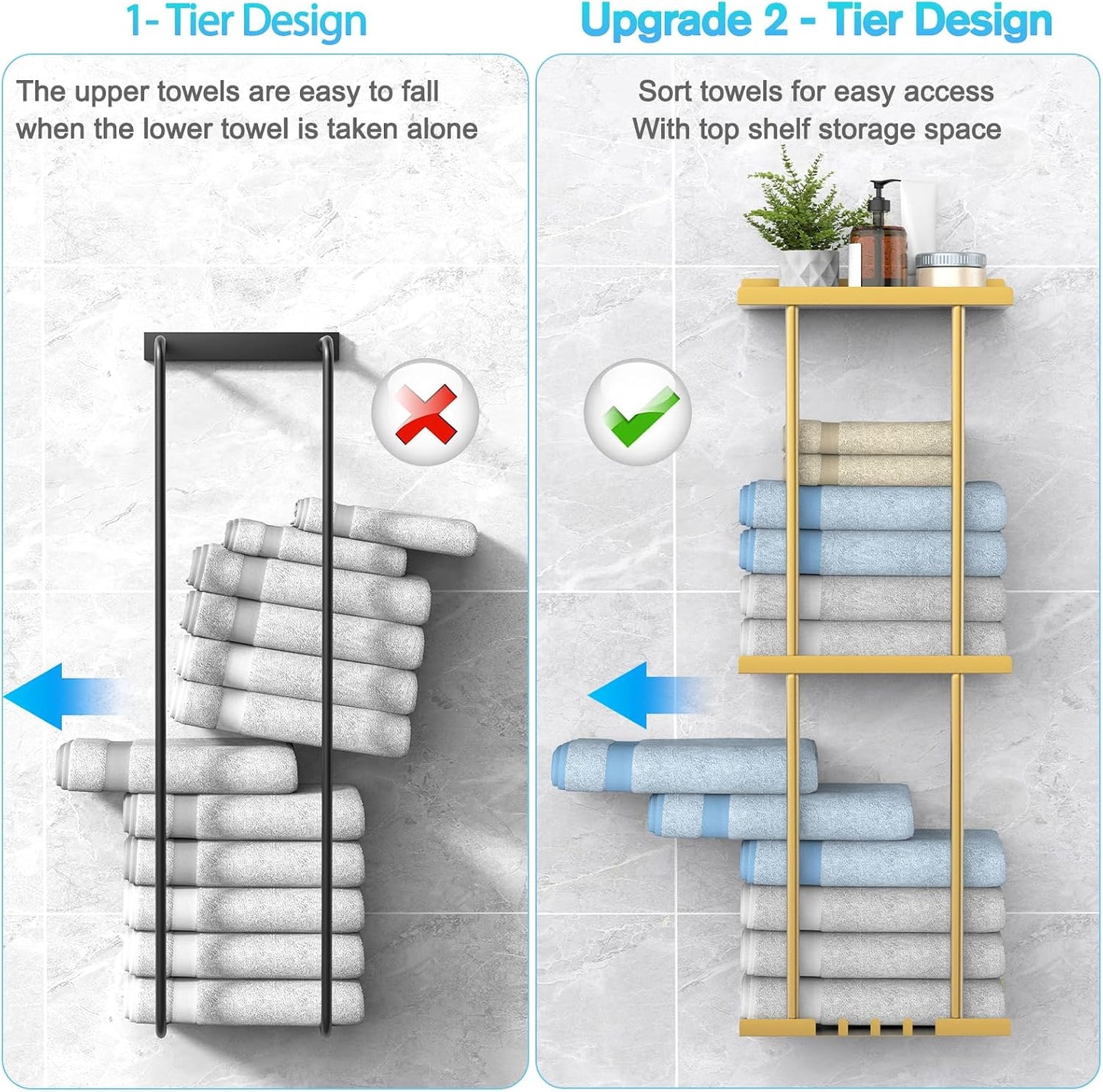 Liuoud Towel Rack for Bathroom, Wall Mounted Vertical Rolled Towel Storage Organizer Holder with Shelf, Holds Up 6
