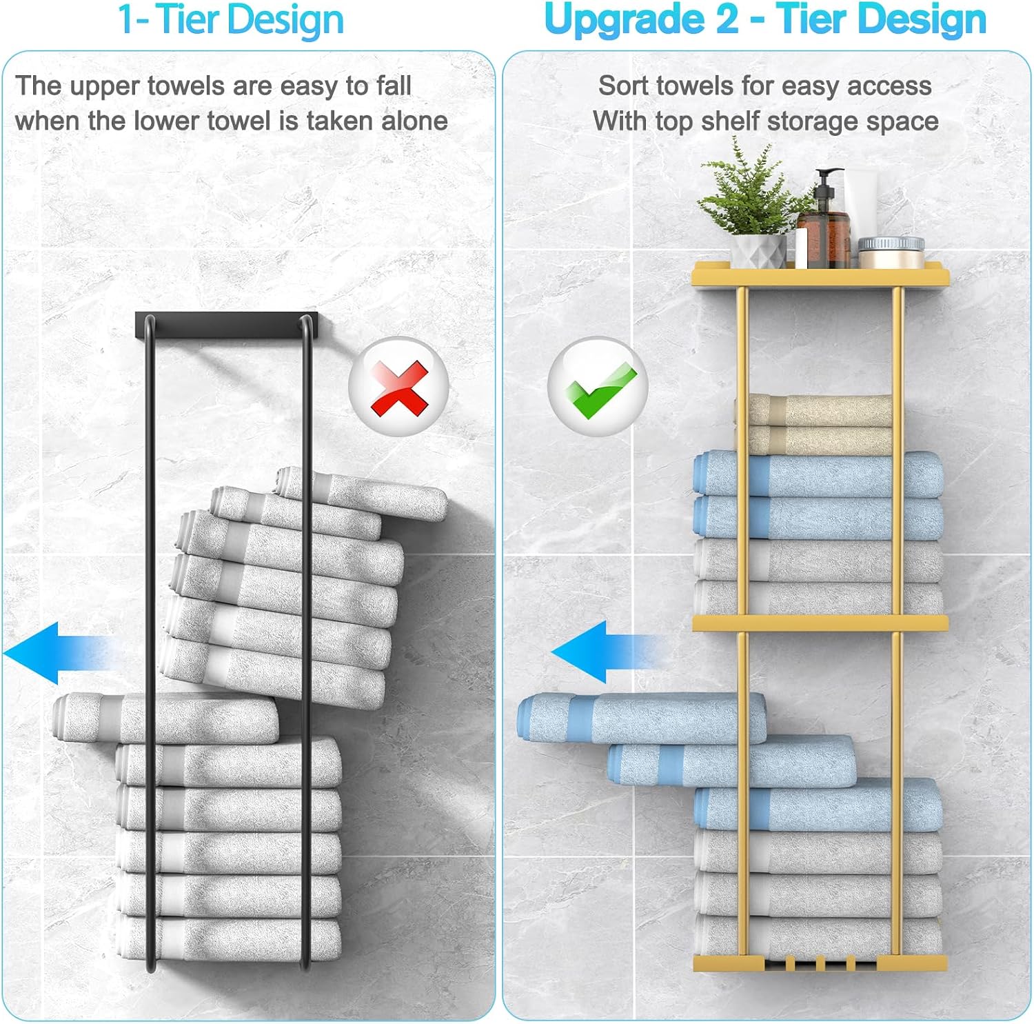 Liuoud Towel Rack for Bathroom, Wall Mounted Vertical Rolled Towel Storage Organizer Holder with Shelf, Holds Up 6