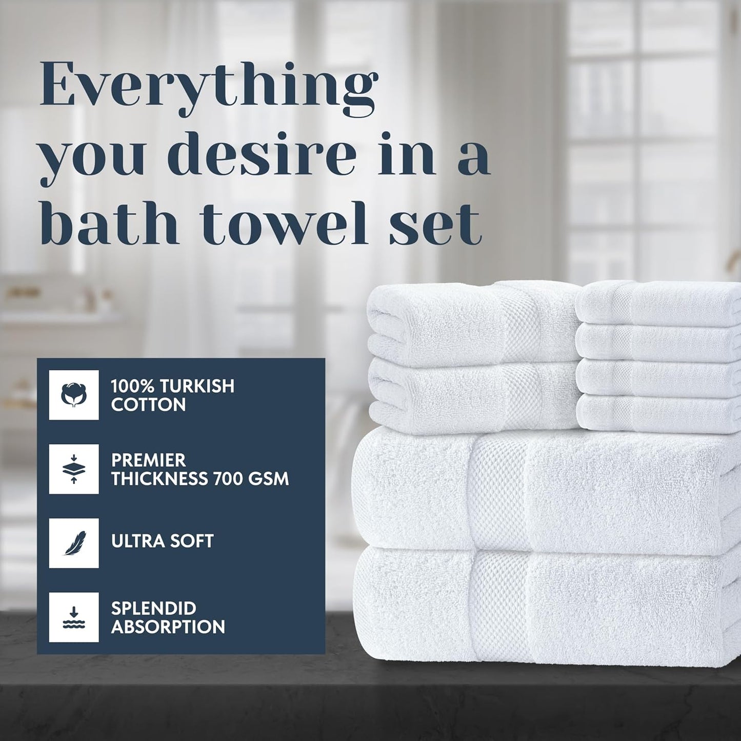 Luxury White Bath Towel Set of 8 Pieces - 100% Turkish Cotton 700 GSM Highly Absorbent Towels for Bathroom, 2 Bath