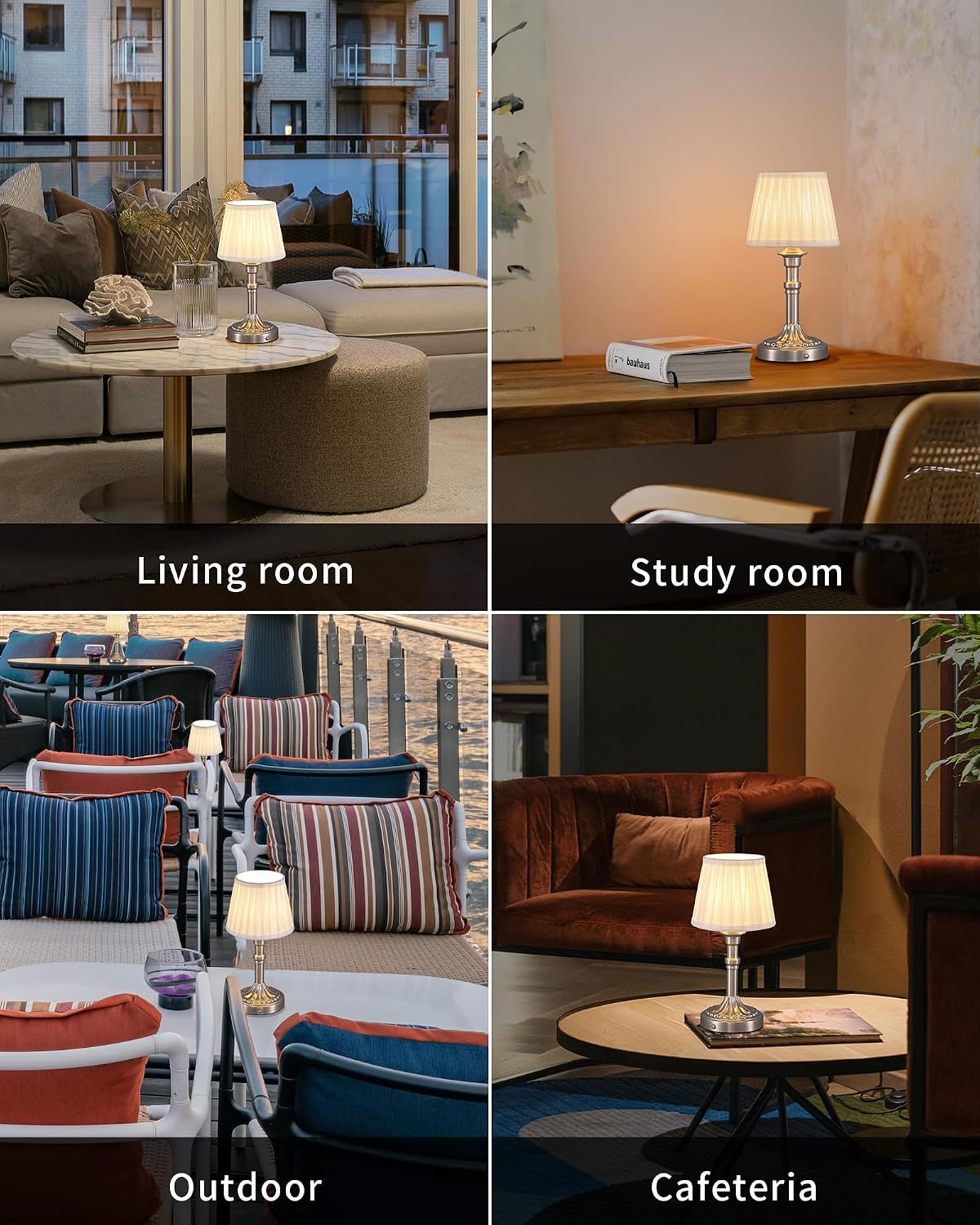 KDG Nickel Cordless Table Lamps Set of 2, Beige Fabric Shade Desk Lamp | Portables 4000mAh Battery Powered, Small LED