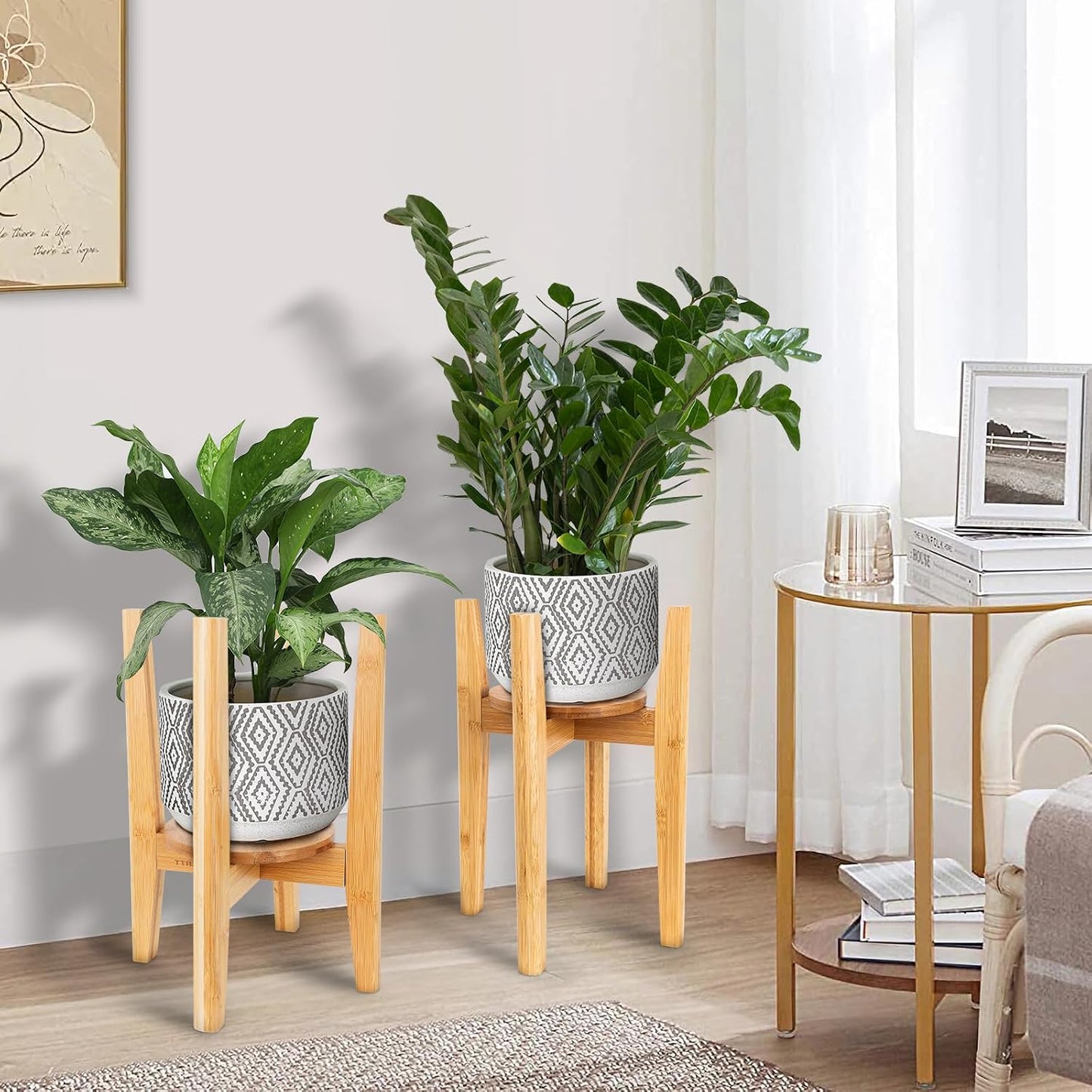 Adjustable Plant Stand with Tray,Indoor Wood Plant Stand Fit 8'' to 12'' Planter,Mid Century Modern Flower Pot Holder