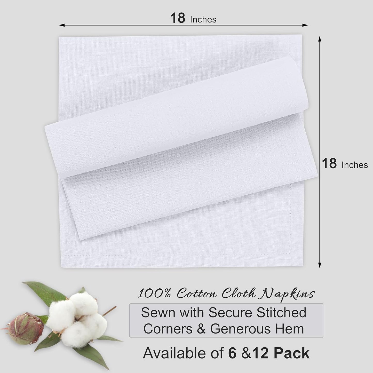 Ruvanti Cloth Napkins Set of 12, 100% Cotton 18”x18” - White | Washable, Soft, Durable & Absorbent Everyday Napkins.