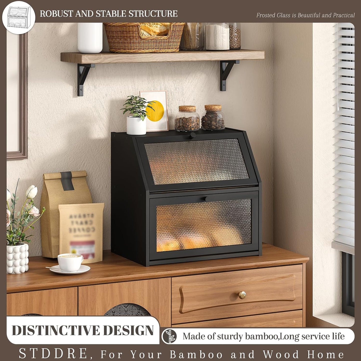 STDDRE Bread Box for Kitchen Countertop Bin Double Layer Bread Box Storage Container Extra Large Capacity with Diamond