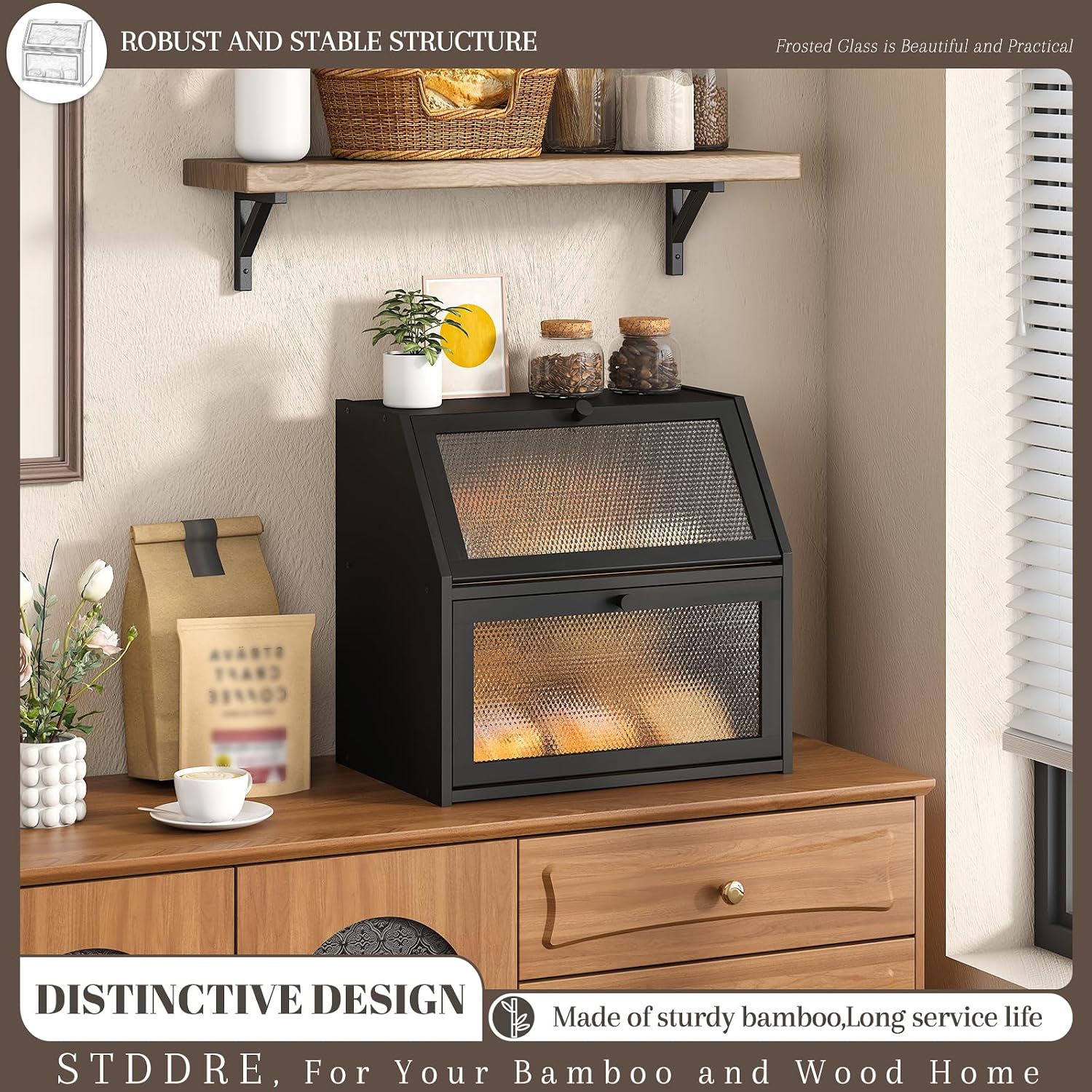 STDDRE Bread Box for Kitchen Countertop Bin Double Layer Bread Box Storage Container Extra Large Capacity with Diamond