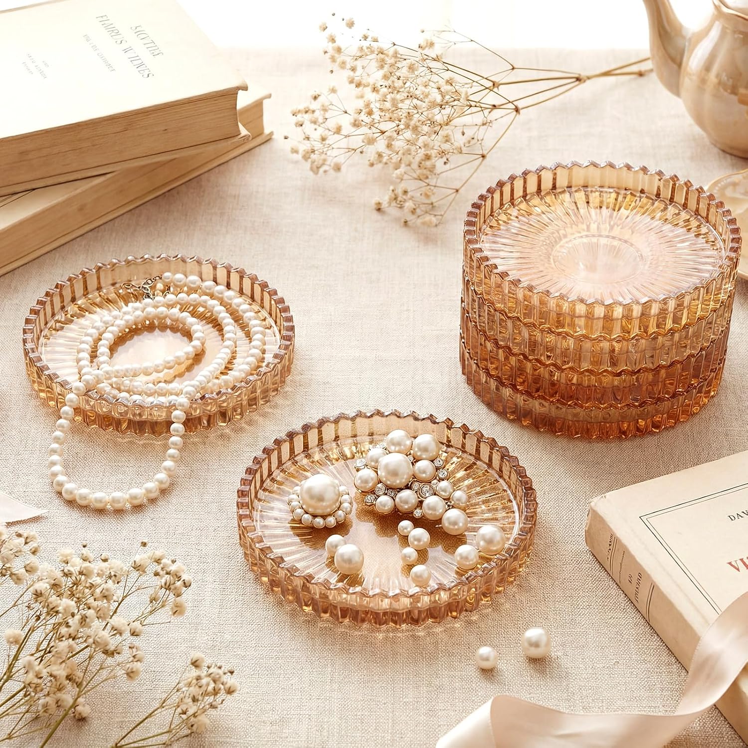 Holder Drink Coasters Crystal Round Beverage Cup Mats Candle Holder Tray / Amber / Clear / Set of 8