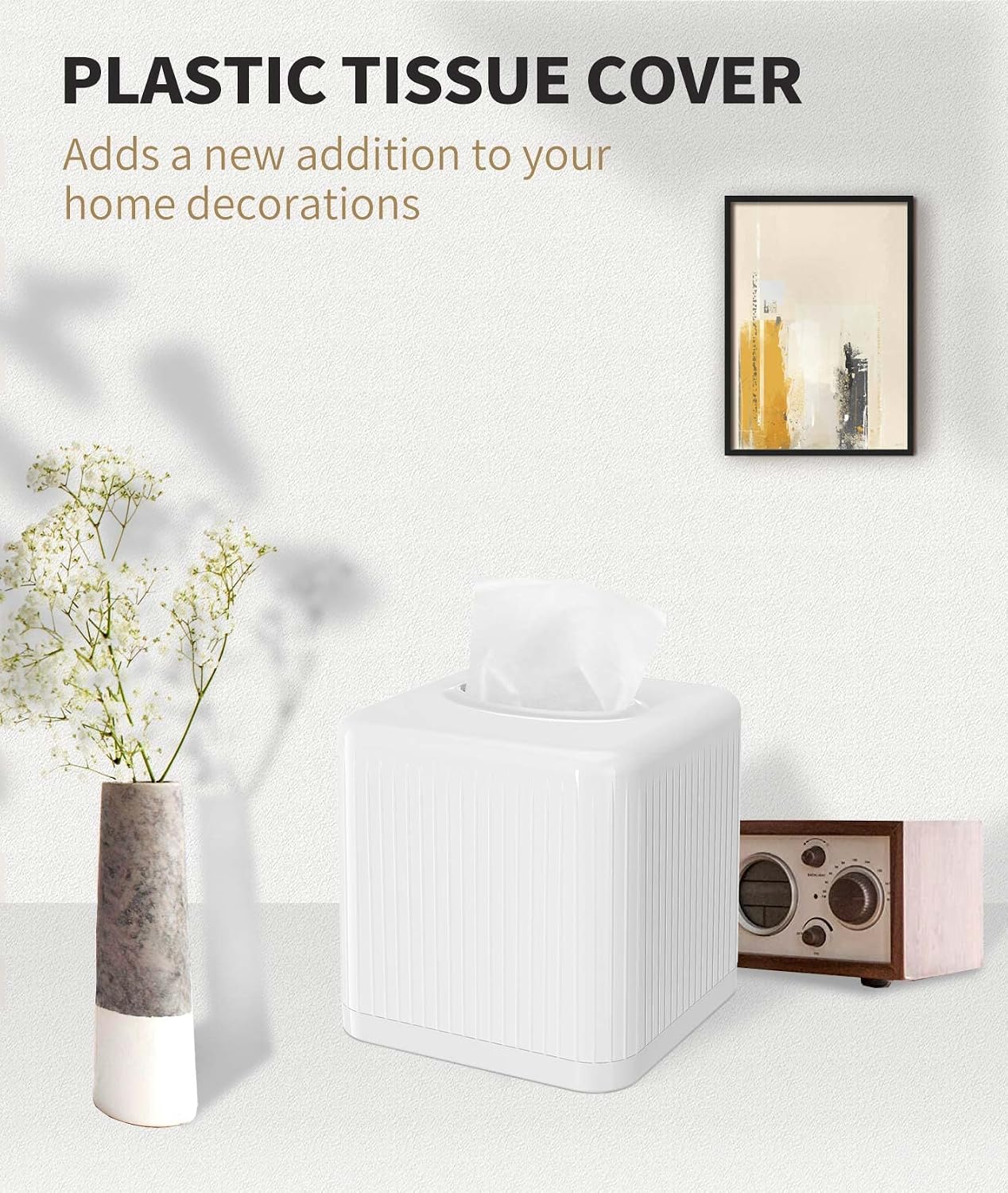 Square Plastic Tissue Box Holder Decorative Tissue Cover Modern Cube Facial Tissue / White