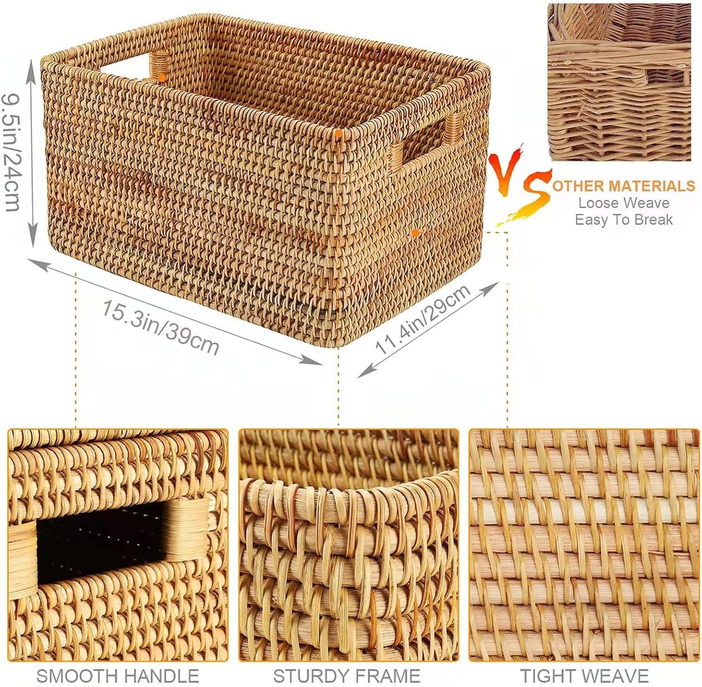 Rattan Basket / Large Lidded Basket For Storage / 15.3" Lx11.4"wx9.5"h / 4 Inch
