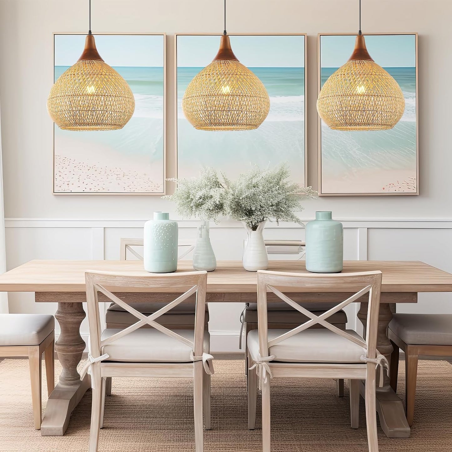 Basket Wicker / Rattan Pendant Light / Wood + Rattan / Raindrop / D 16", Large