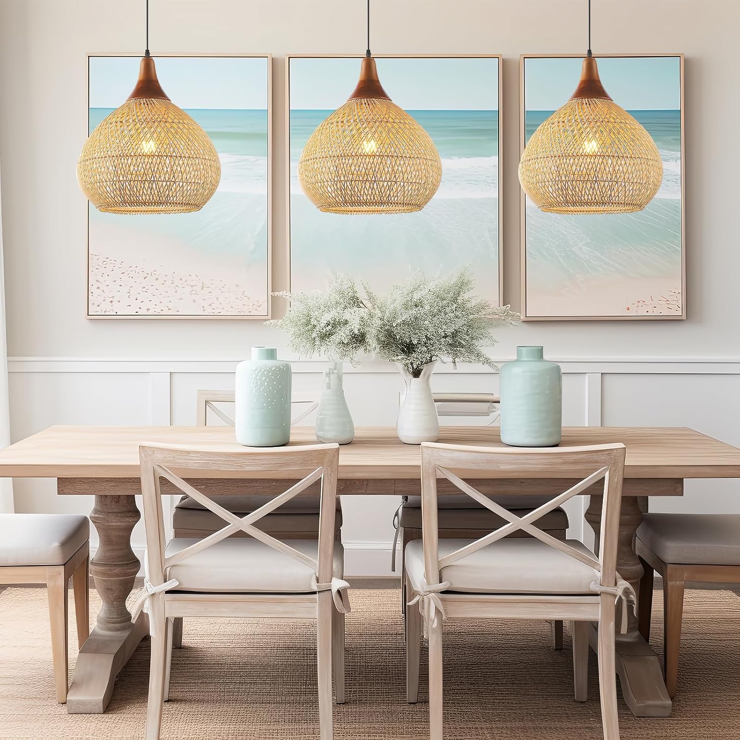 Basket Wicker / Rattan Pendant Light / Wood + Rattan / Raindrop / D 16", Large