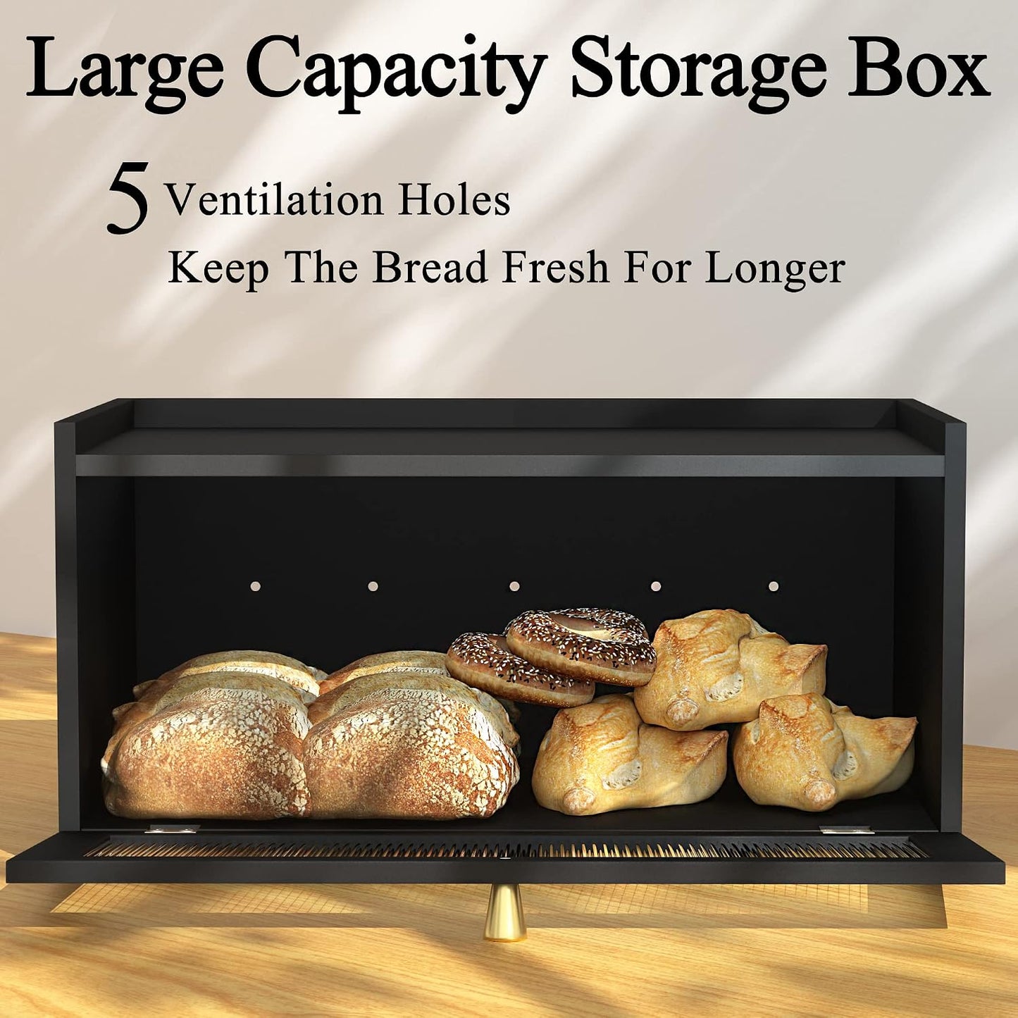 ETMI Black Bread Box for Kitchen Countertop - Modern bamboo Bread box with Window Bread Storage Container