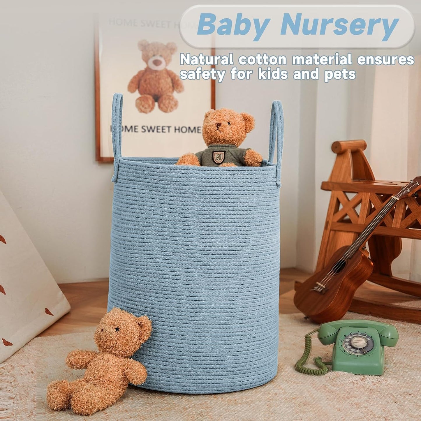 Large Woven Laundry Basket Hamper / Blue / 60L