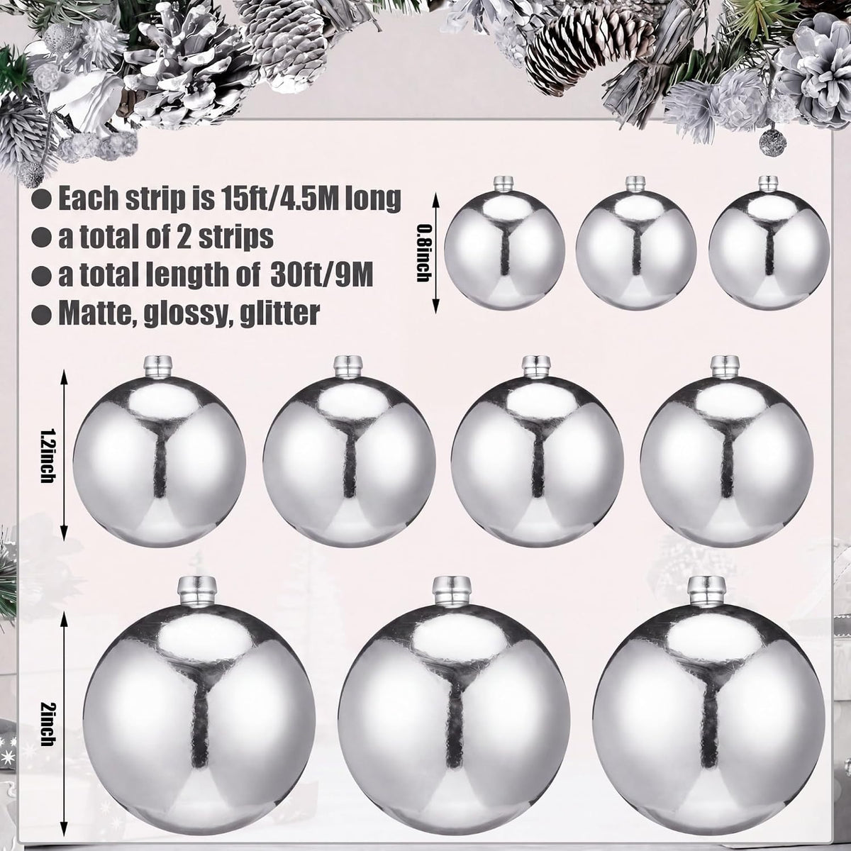 2 Pcs 15 ft Christmas Ball Ornament Garland, Silver | Bauble Bulb Christmas Tree Ball Decoration Shatterproof Ornaments