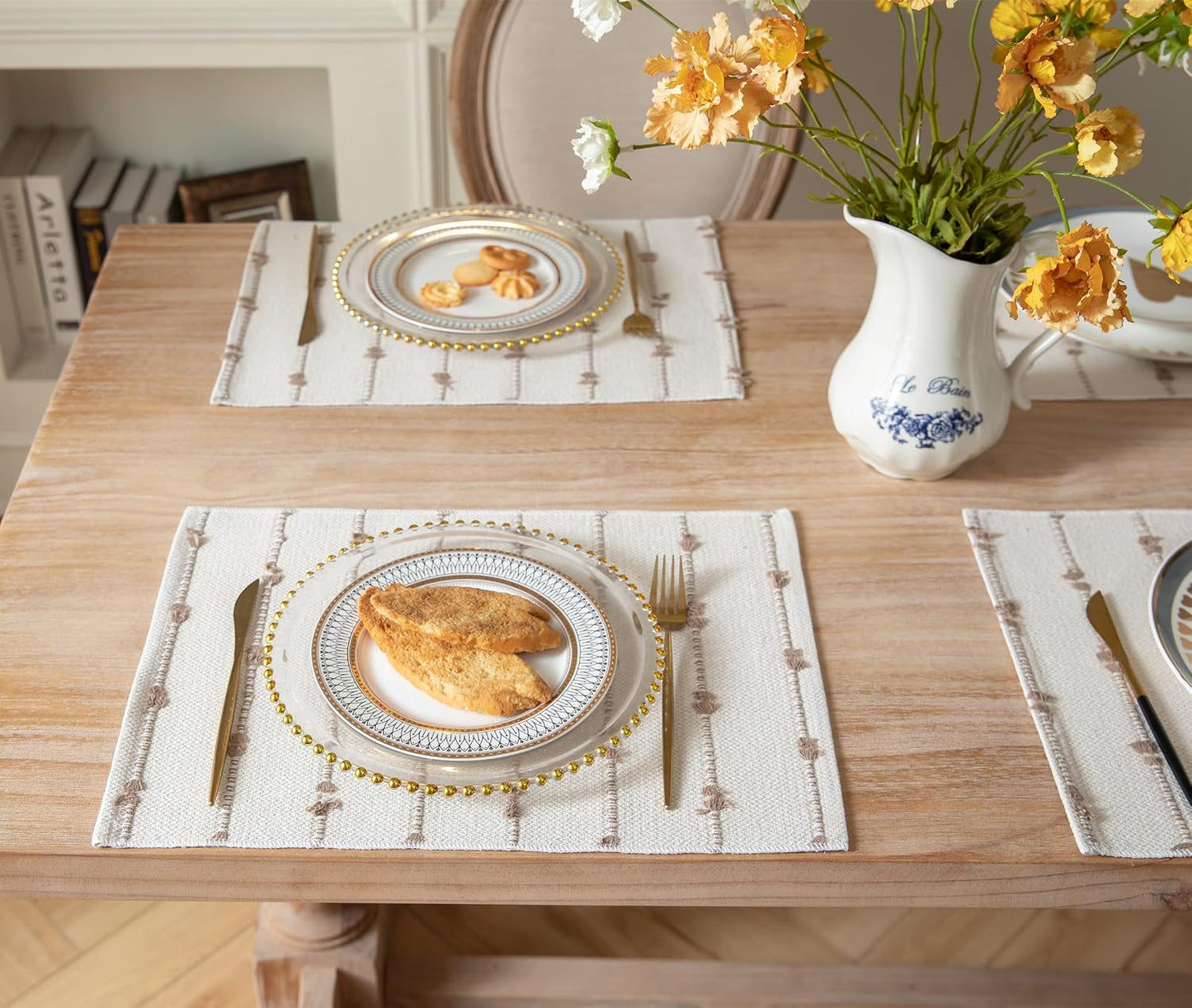 Boho Placemats Set of 6 for Dining Table Decor, Woven Cloth Place Mats for Farmhouse Rustic Kitche Home Decor, Cotton