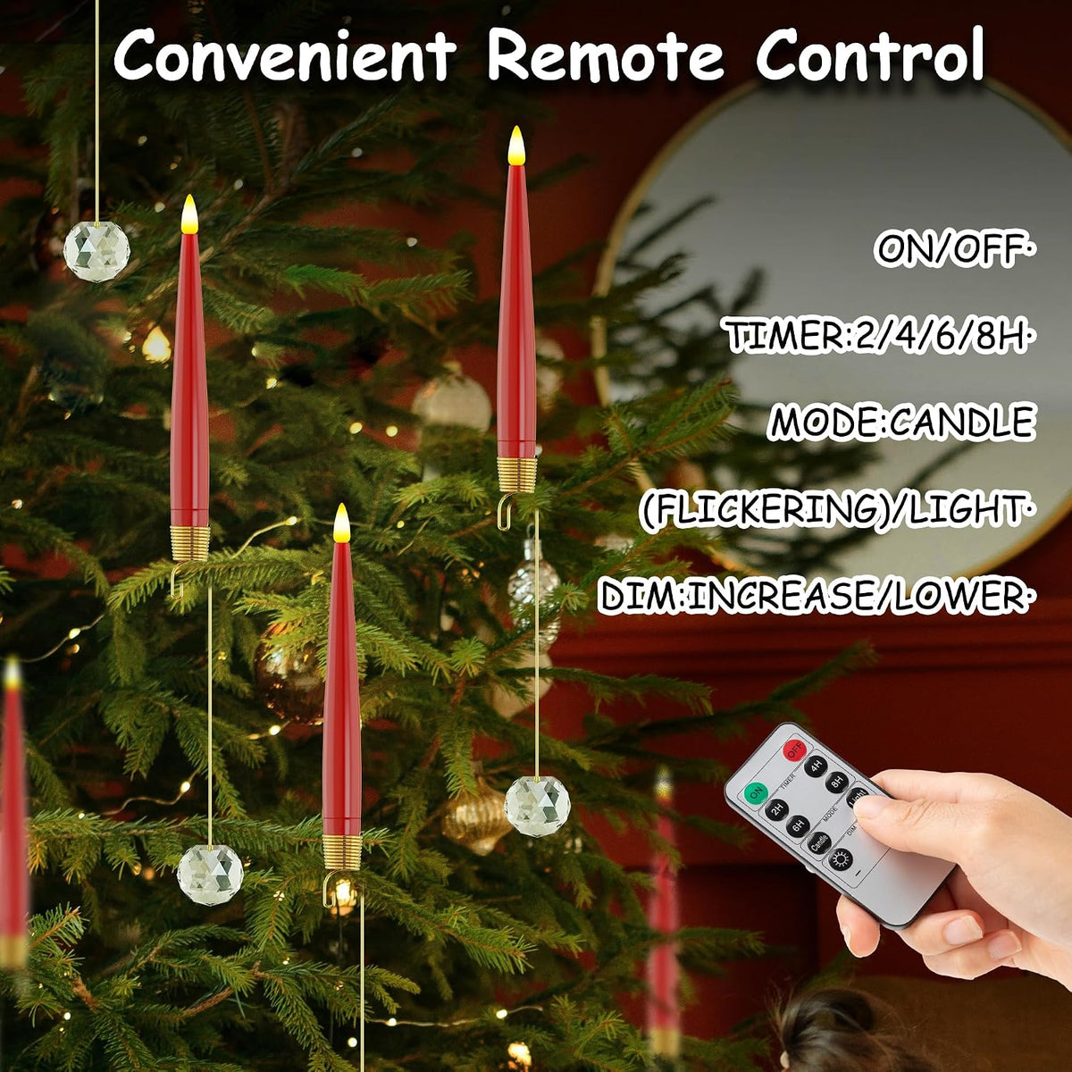 JOIONE Red Christmas Tree Candles, 12 Pcs Crystal Ball Tree Hanging Decor | Battery Operated, Remote Control, Crystal