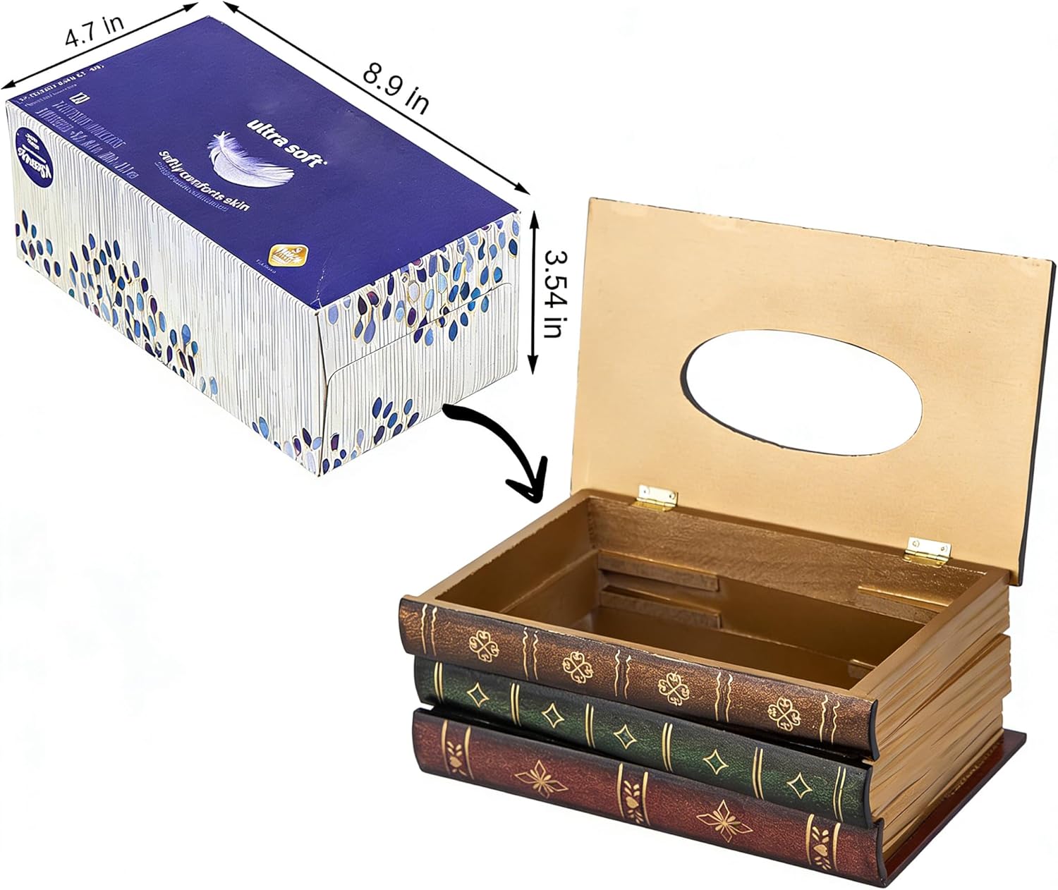 Crafted Classical Retro Wooden Antique Book Tissue Box Cover Rectangular Tissue Holder Dispenser