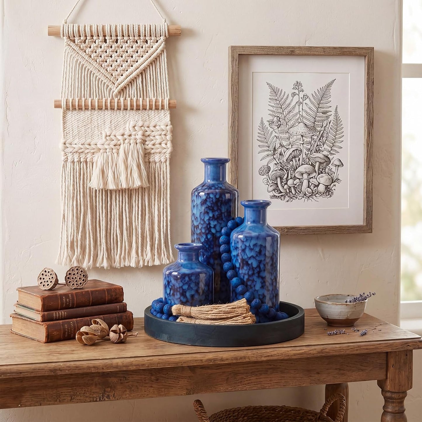 Wooden Serving Tray Wood Bead Garland / Country Blue / Set of 5